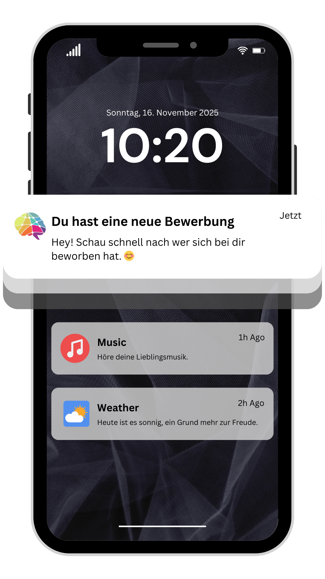 Smartphone-Bildschirm zeigt Benachrichtigungen: Neue Bewerbung, Musik- und Wetter-Infos, Zeit 10:20, Datum Sonntag, 16. November 2025.
