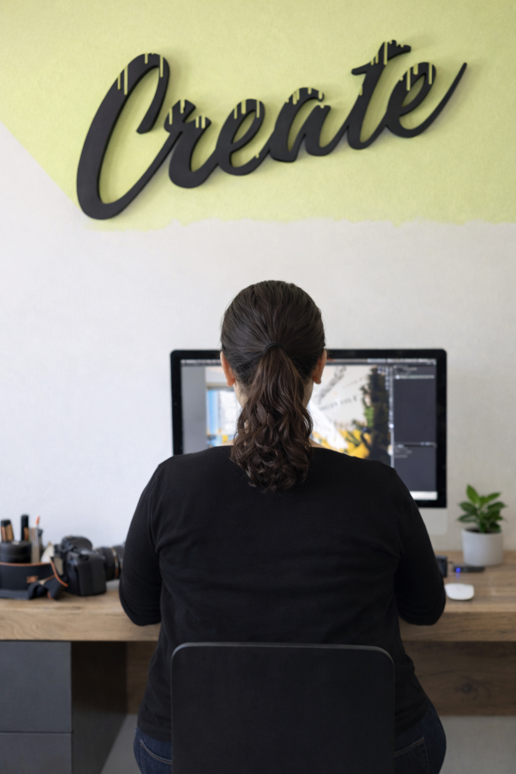 Person arbeitet an einem Computer in einem Büro, mit einem großen "Create" Schriftzug an der Wand.
