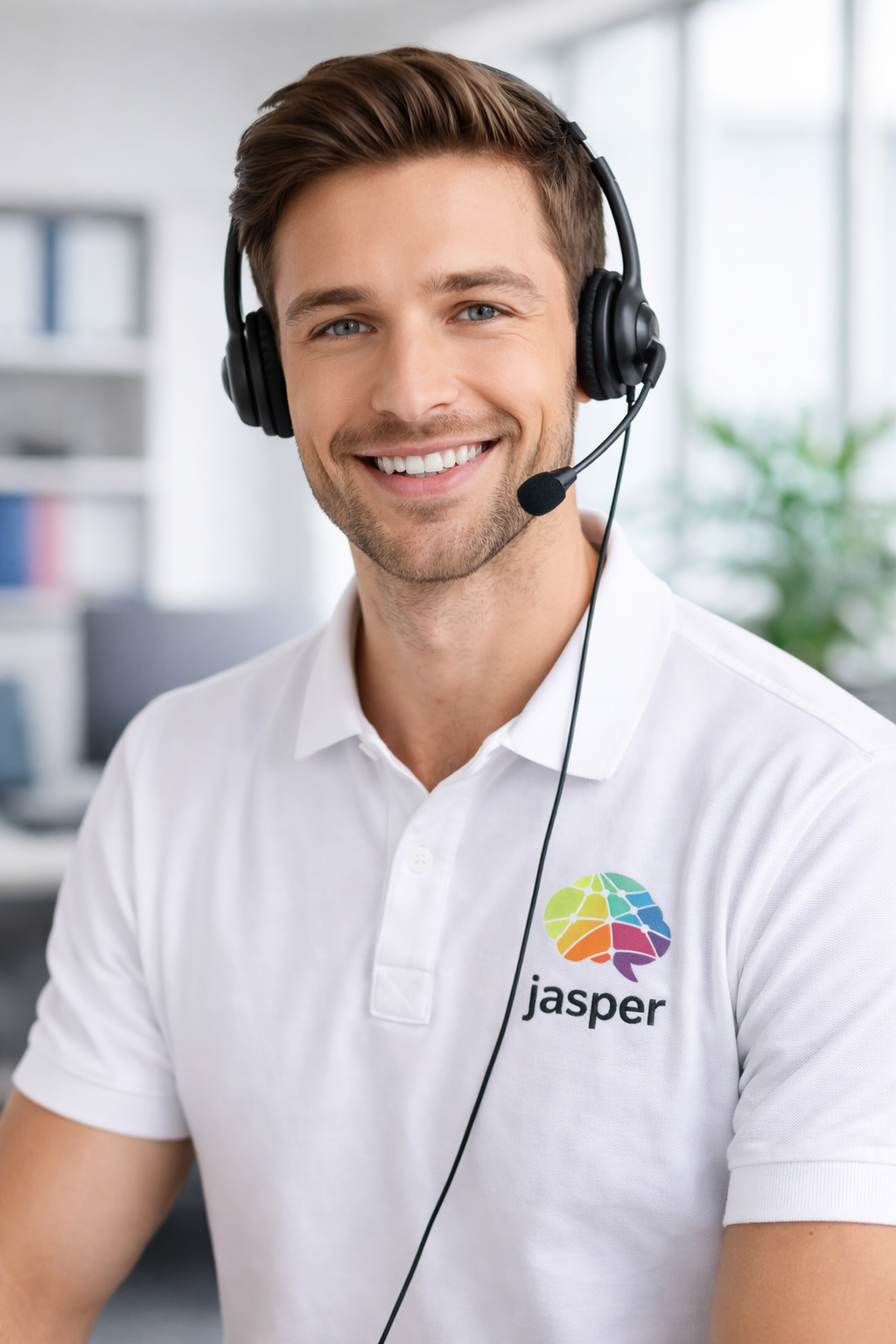 Lächelnder Mann mit Headset trägt ein weißes Polo-Shirt mit einem bunten Gehirnlogo und dem Schriftzug "jasper".