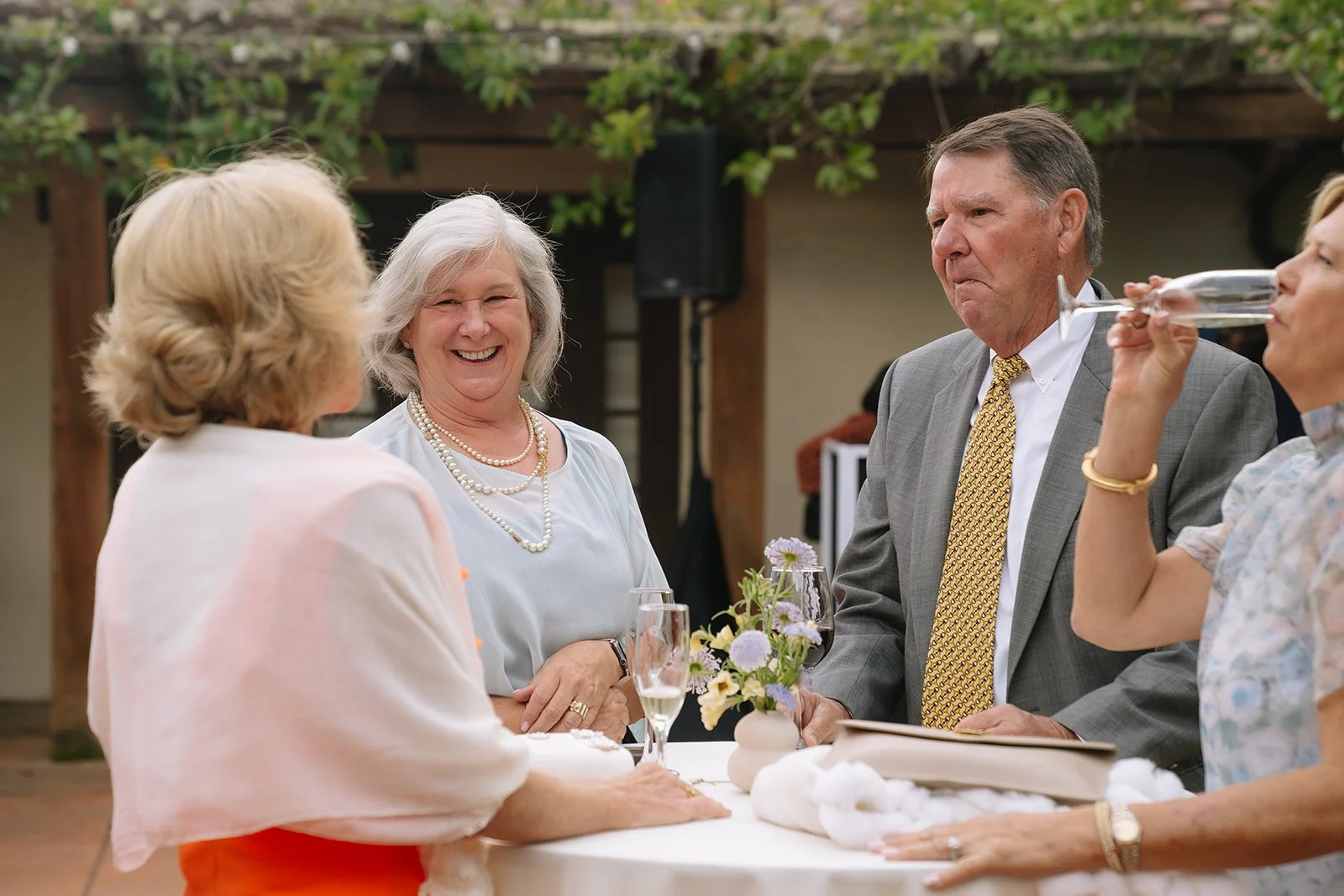 Group of seniors at a social gathering, chatting and smiling around a table with drinks and a flower arrangement.