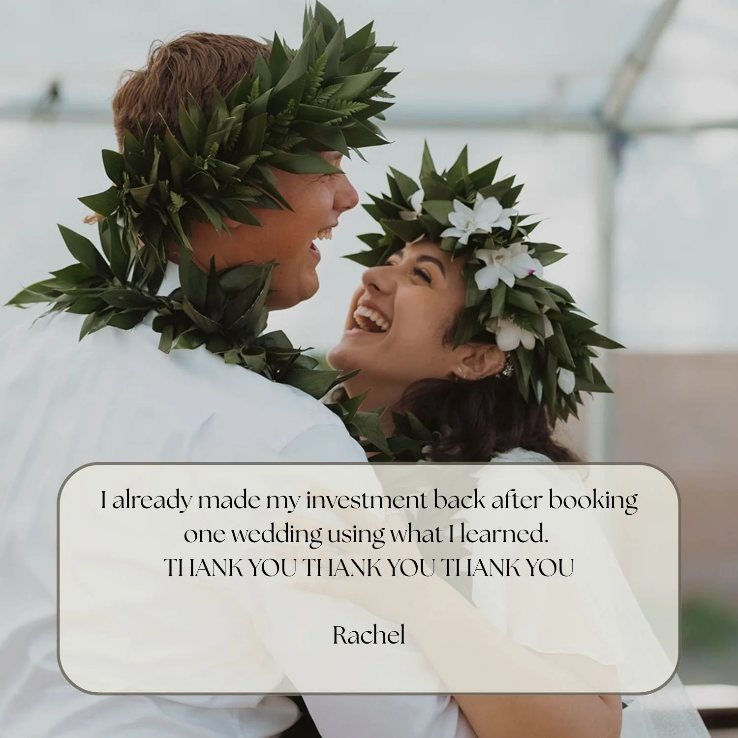 A happy couple wearing leafy wreaths, celebrating their wedding indoors.