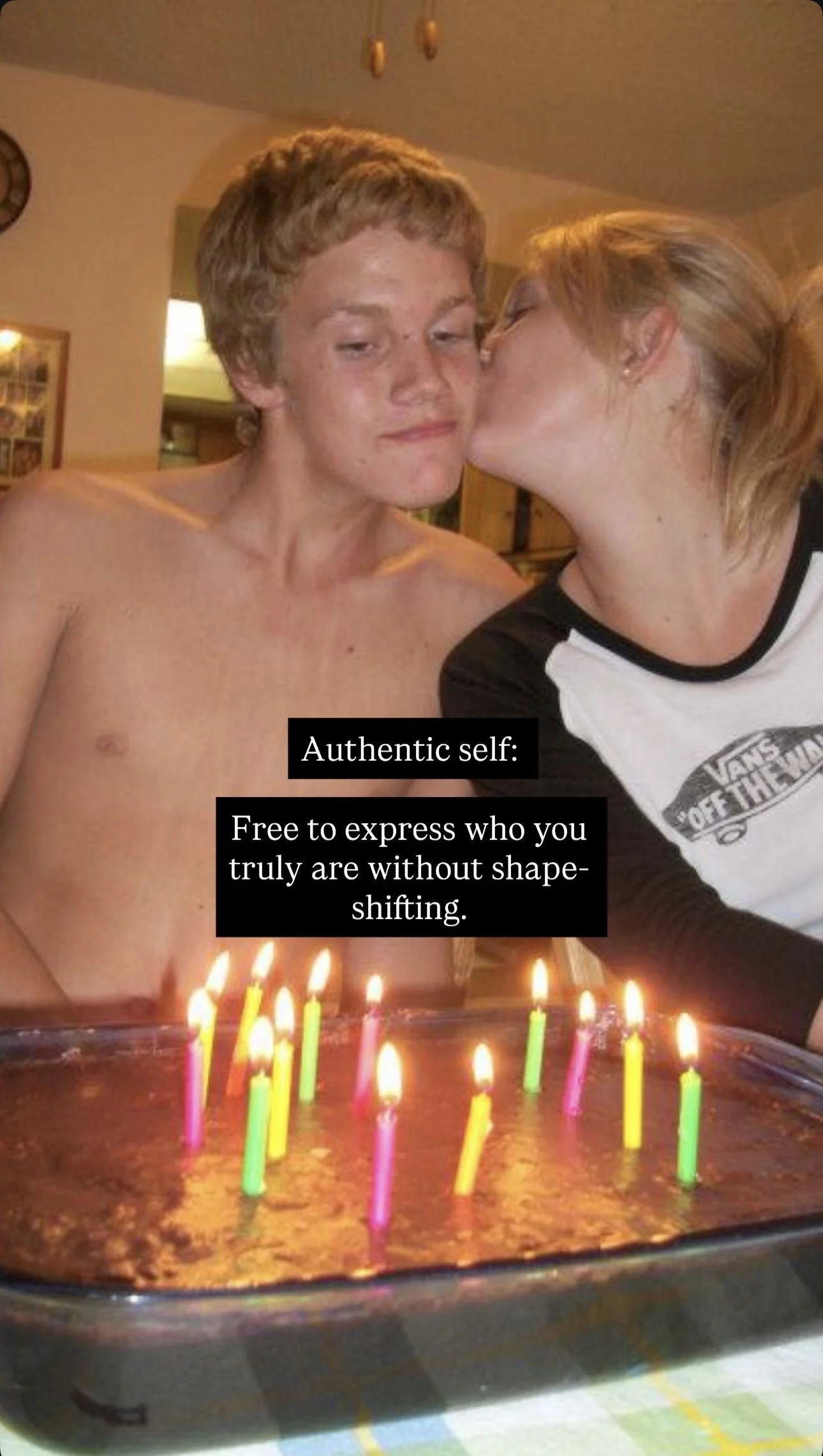 A young man and woman at a birthday celebration with a cake and lit candles, the woman is kissing the man's cheek. The image includes a caption 'Authentic self: Free to express who you truly are without shape-shifting.'