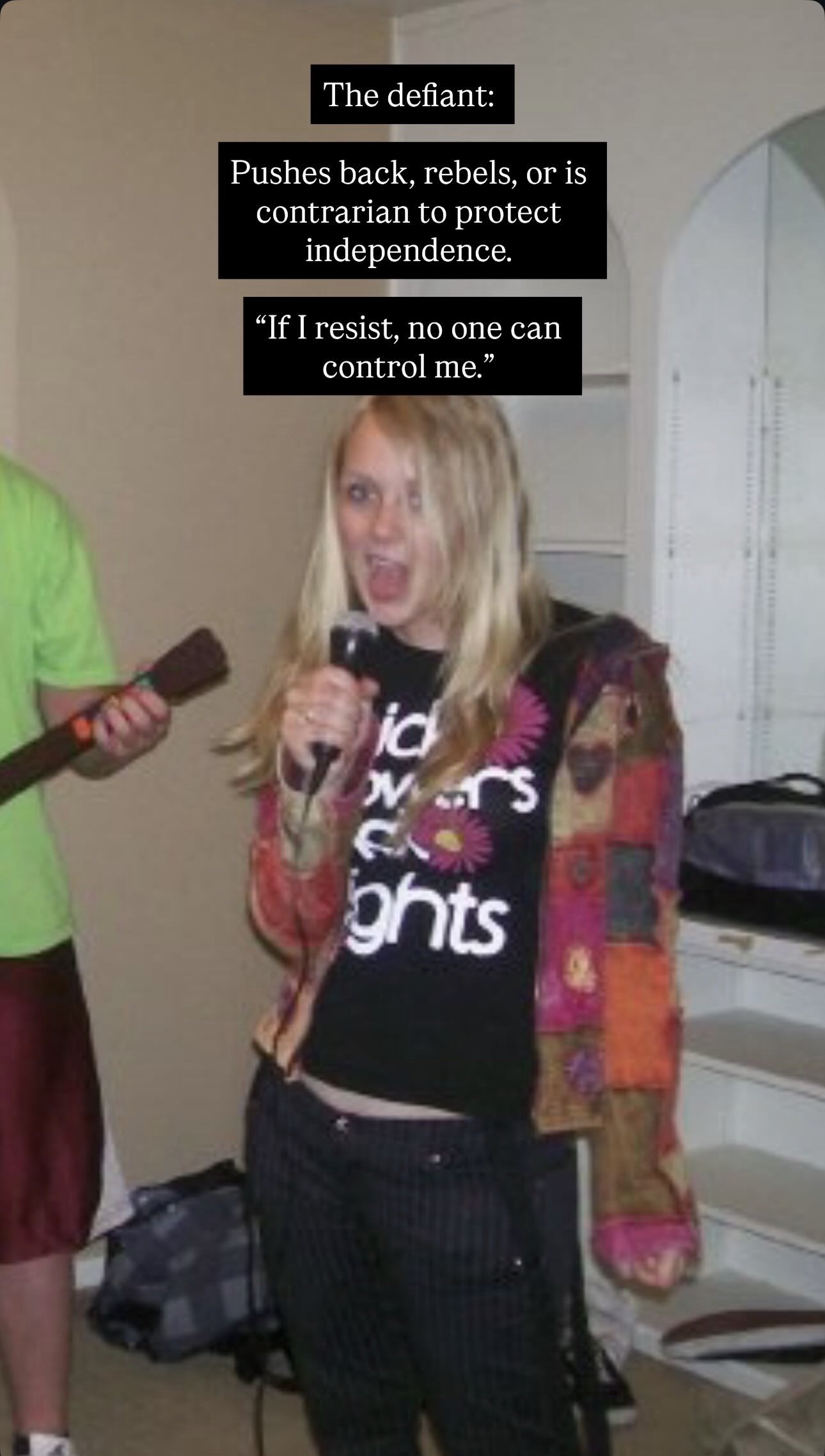 A young girl singing into a microphone with a quote overlay that says, 'The defiant: Pushes back, rebels, or is contrarian to protect independence. "If I resist, no one can control me."'