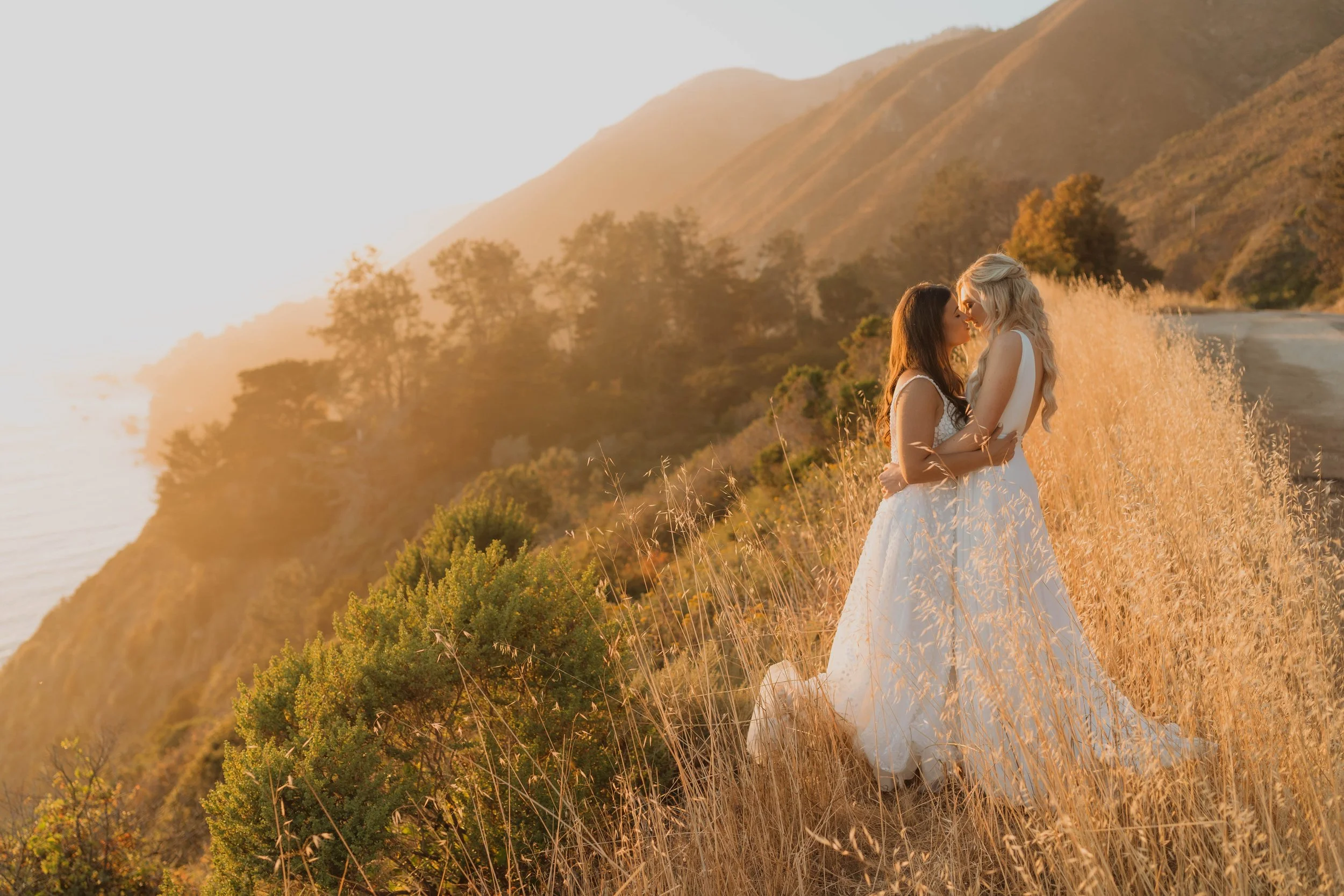 Two women in wedding dresses sharing a kiss outdoors during sunset, standing in tall grass on a hillside with mountains and trees in the background.