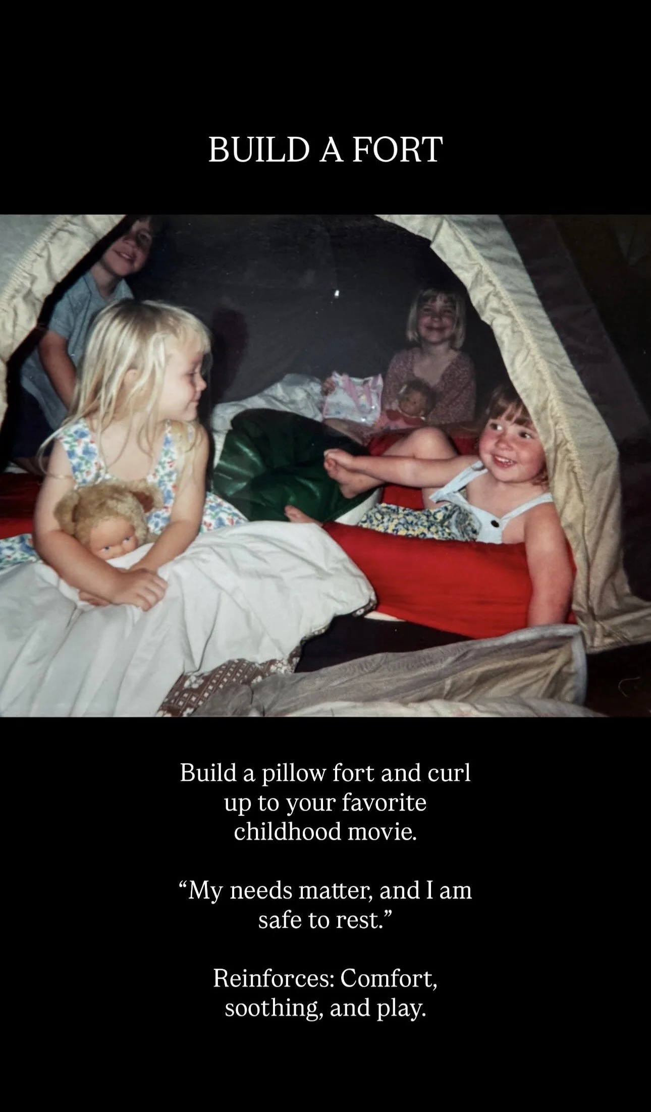 Children building a pillow fort with blankets and pillows, smiling and playing.