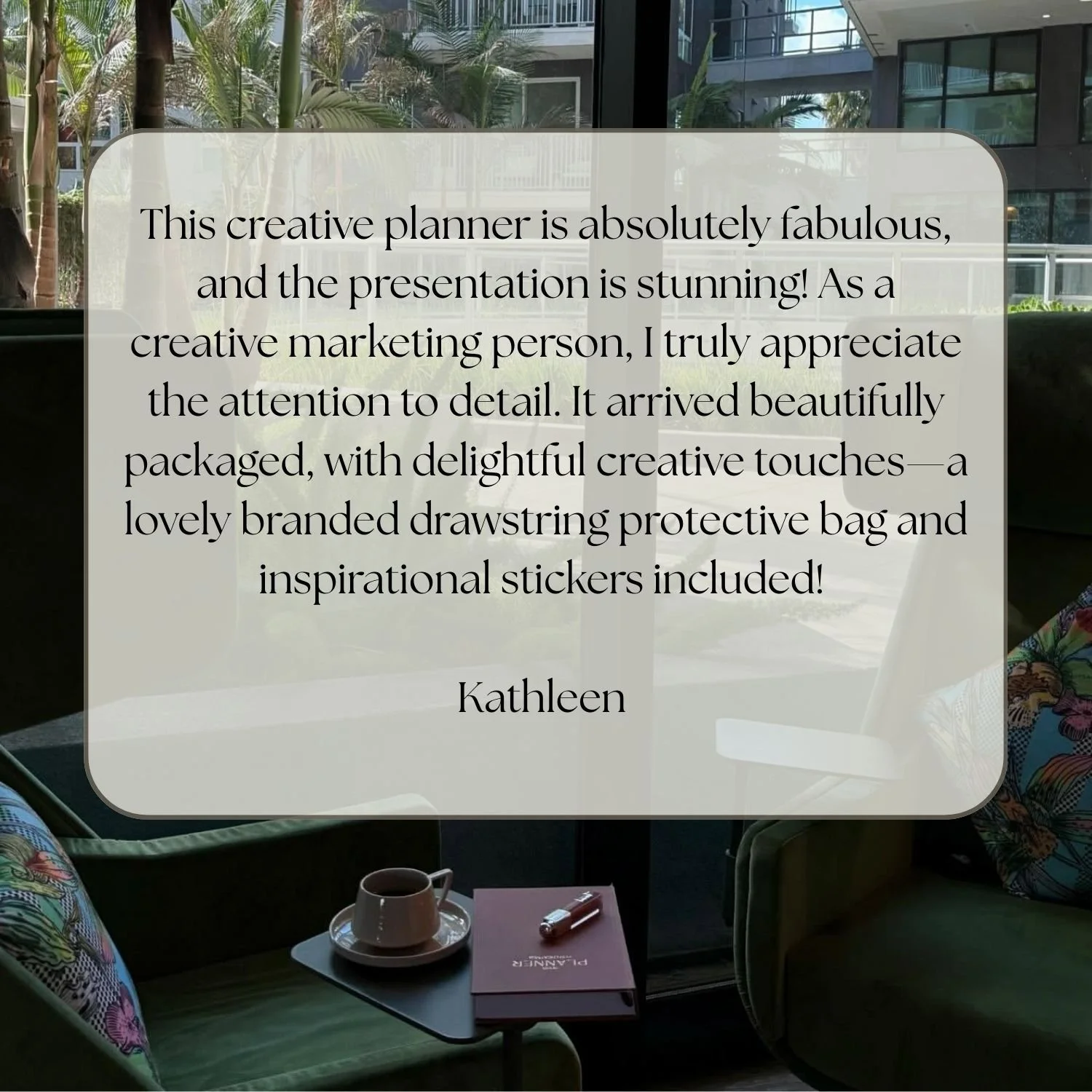 Overlay text about a creative planner, with a background of a lounge area in a modern building, featuring plants, large windows, and chairs with colorful cushions, a cup of coffee, a planner, and a pen on a small table.