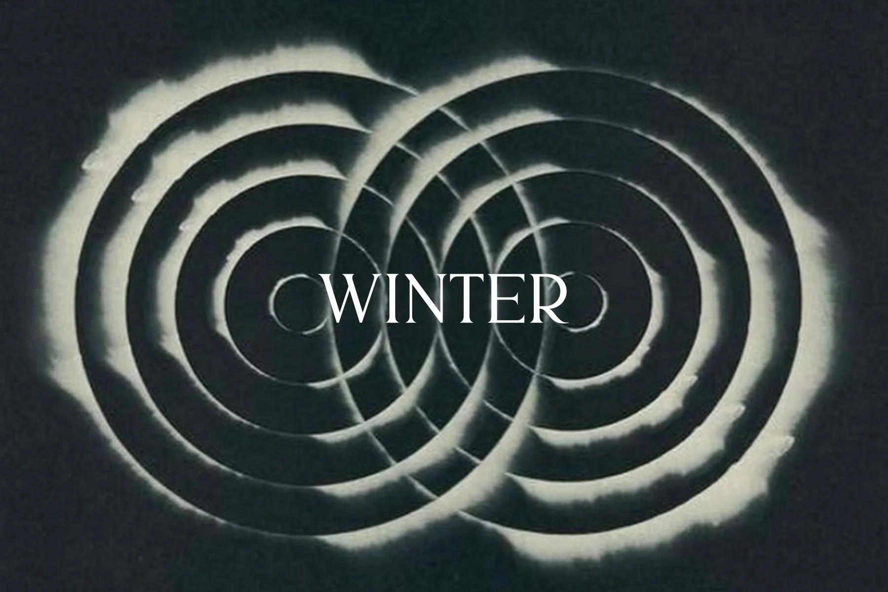 Abstract black and white winter-themed design with concentric circles and snowflake patterns, with the word 'WINTER' centered in white.