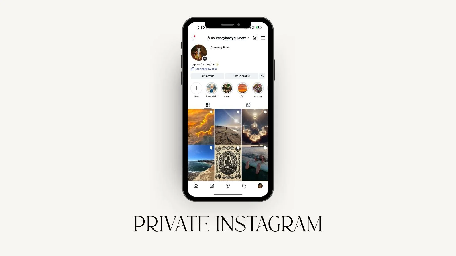 A smartphone displaying a private Instagram profile with a grid of nine photos including clouds, beaches, and other scenic images, on a white background with the caption 'PRIVATE INSTAGRAM' below.