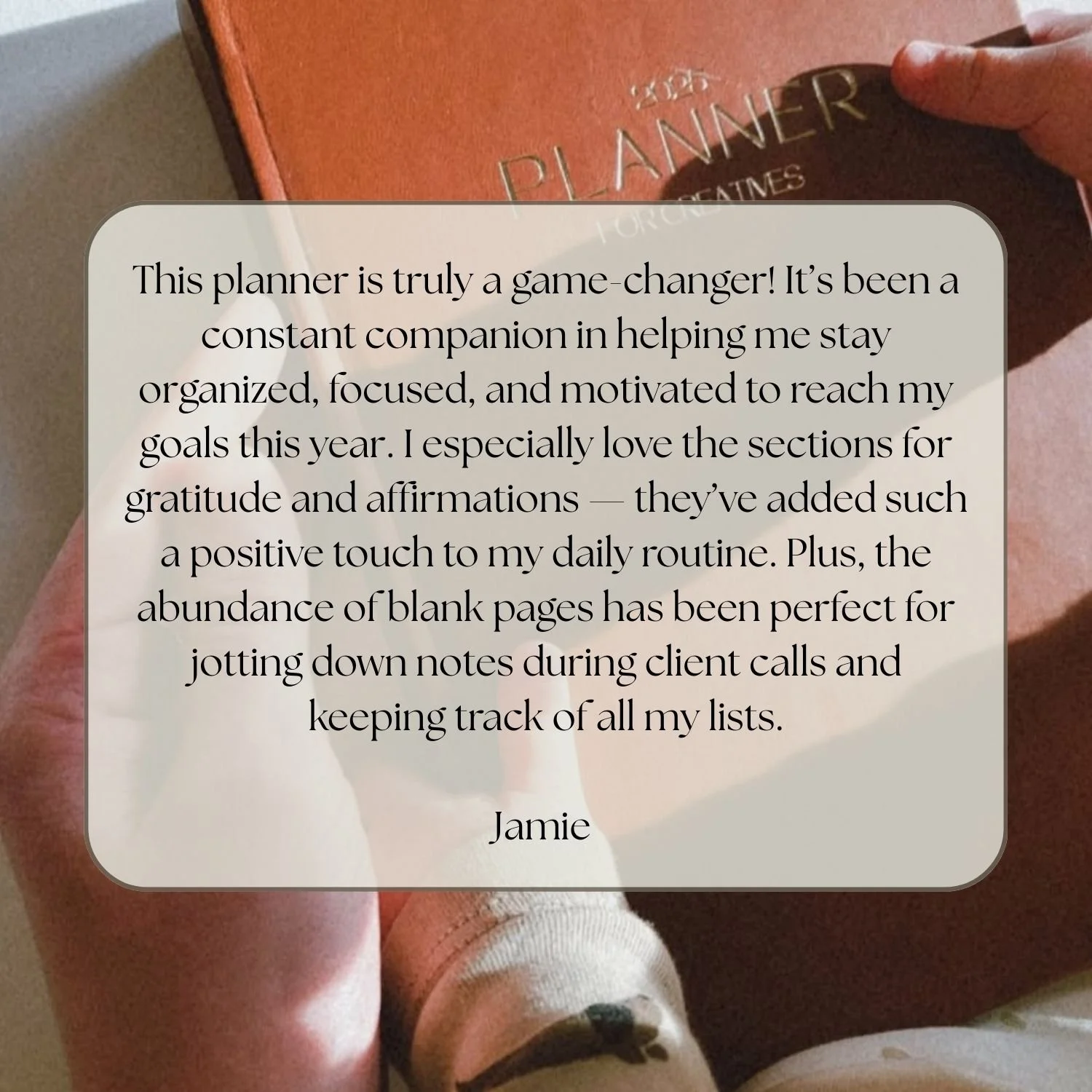 A handwritten note on a planner page with personalized message from Jamie, praising the planner for keeping her organized and motivated.