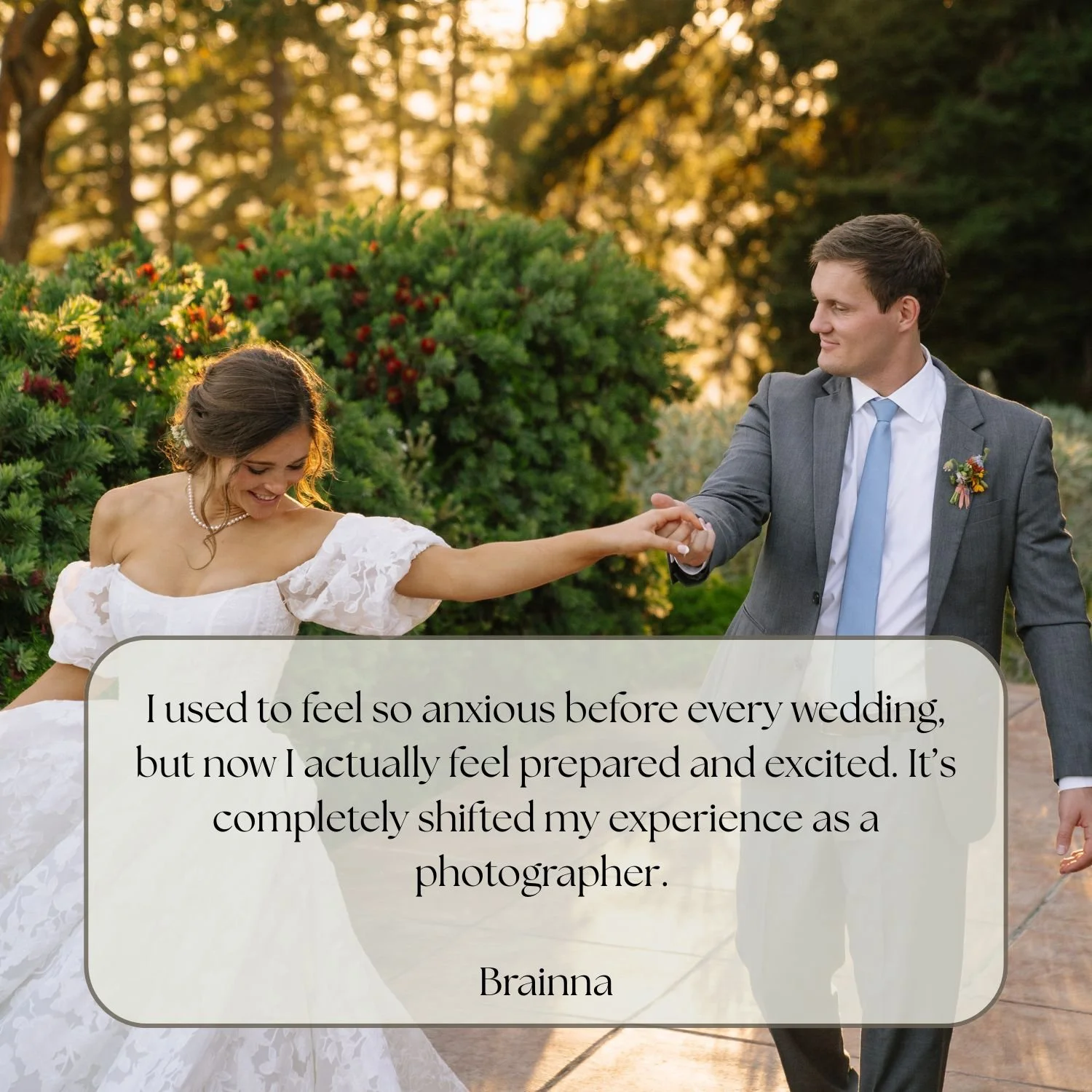 A couple in wedding attire dancing outdoors during sunset, with greenery in the background and a quote overlay about feeling prepared and excited for wedding photography.