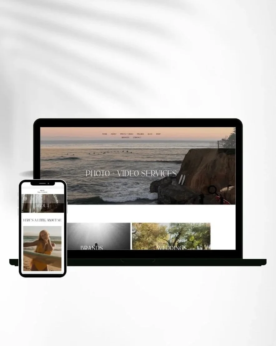 Laptop and smartphone displaying a photography and video services website with a beach scene on the screens.