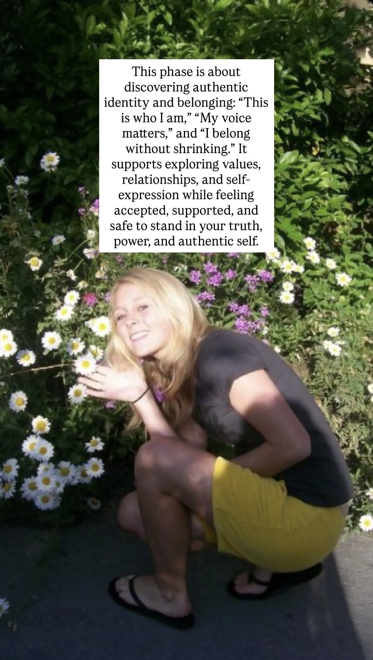 A young woman crouching outdoors near a bush with white and purple flowers, with a text box above her head discussing authentic identity and self-expression.