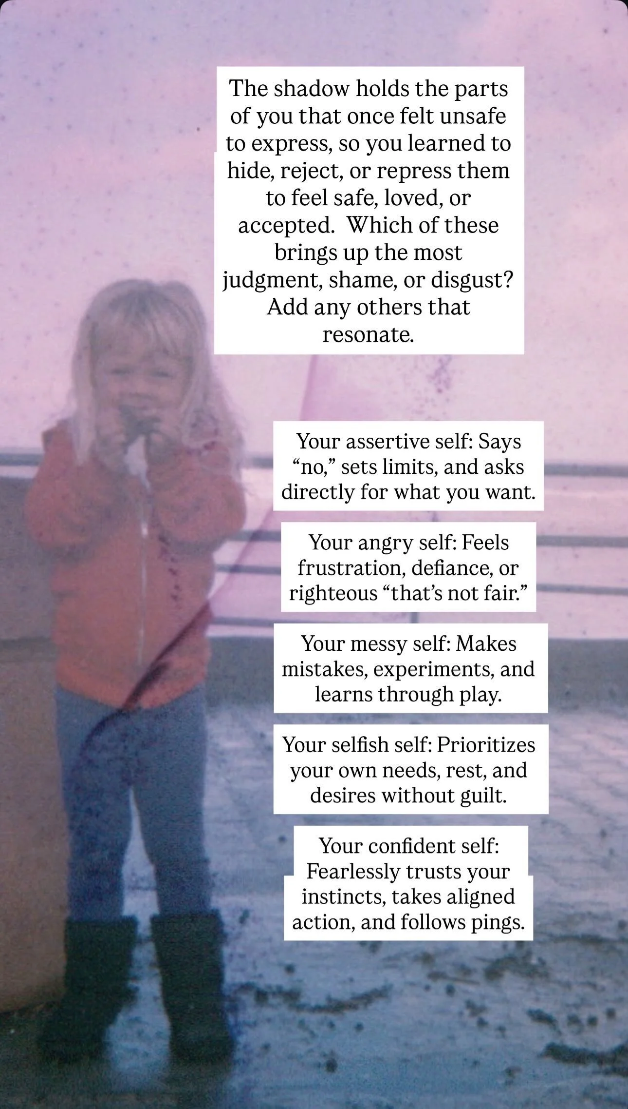 A young girl wearing a red jacket and black boots standing on a surface with puddles. She is covering her mouth with both hands and smiling. The background is pink with some splatters, and there are white text overlays with motivational and self-impr