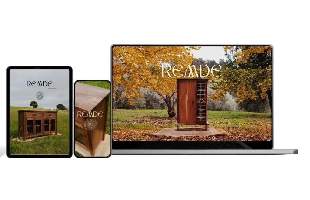 Various electronic devices displaying images of a wooden cabinet with the brand name REMDE, including a laptop, tablet, and smartphone.