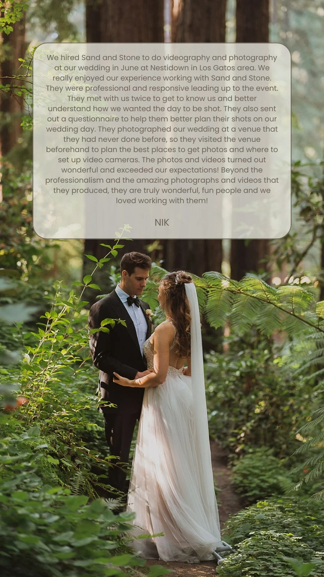A bride and groom stand close together in a wooded forest, sharing a moment during their wedding photoshoot. The bride wears a white wedding gown with a veil, and the groom is dressed in a black tuxedo with a bow tie.