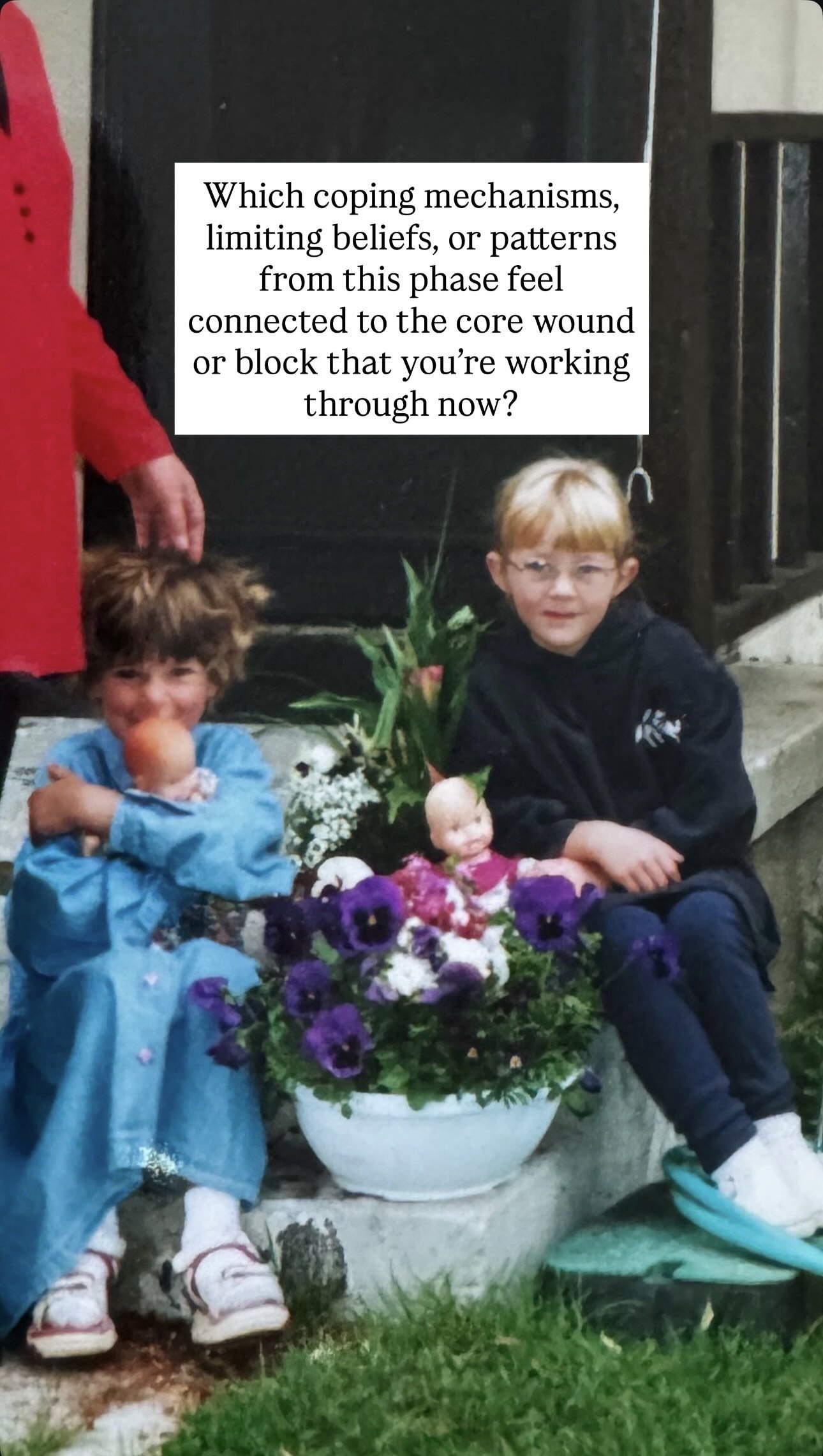 Two children sitting on a concrete step in front of a black door, surrounded by potted flowers, with one girl in a blue dress hugging a doll and a boy in a dark hoodie sitting beside her. Text overlay asking about coping mechanisms related to a core 