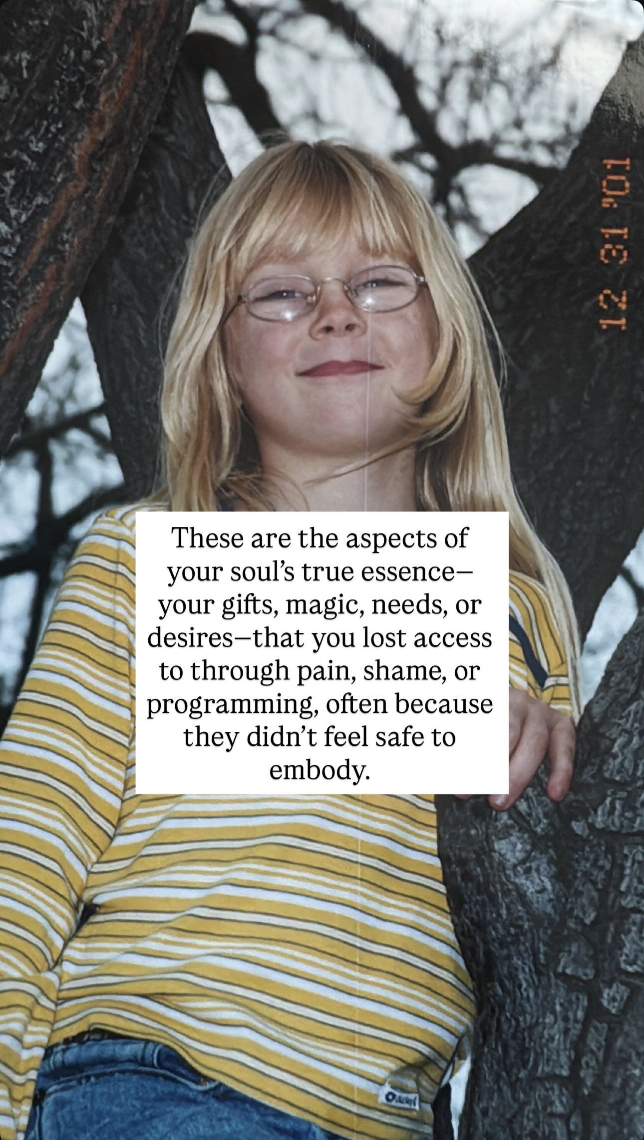 A young girl with blonde hair, glasses, and a striped yellow and white long-sleeve shirt stands outdoors beside a tree with dark bark. She has a gentle smile on her face. There is an overcast sky in the background. A block of text overlay reads: "The