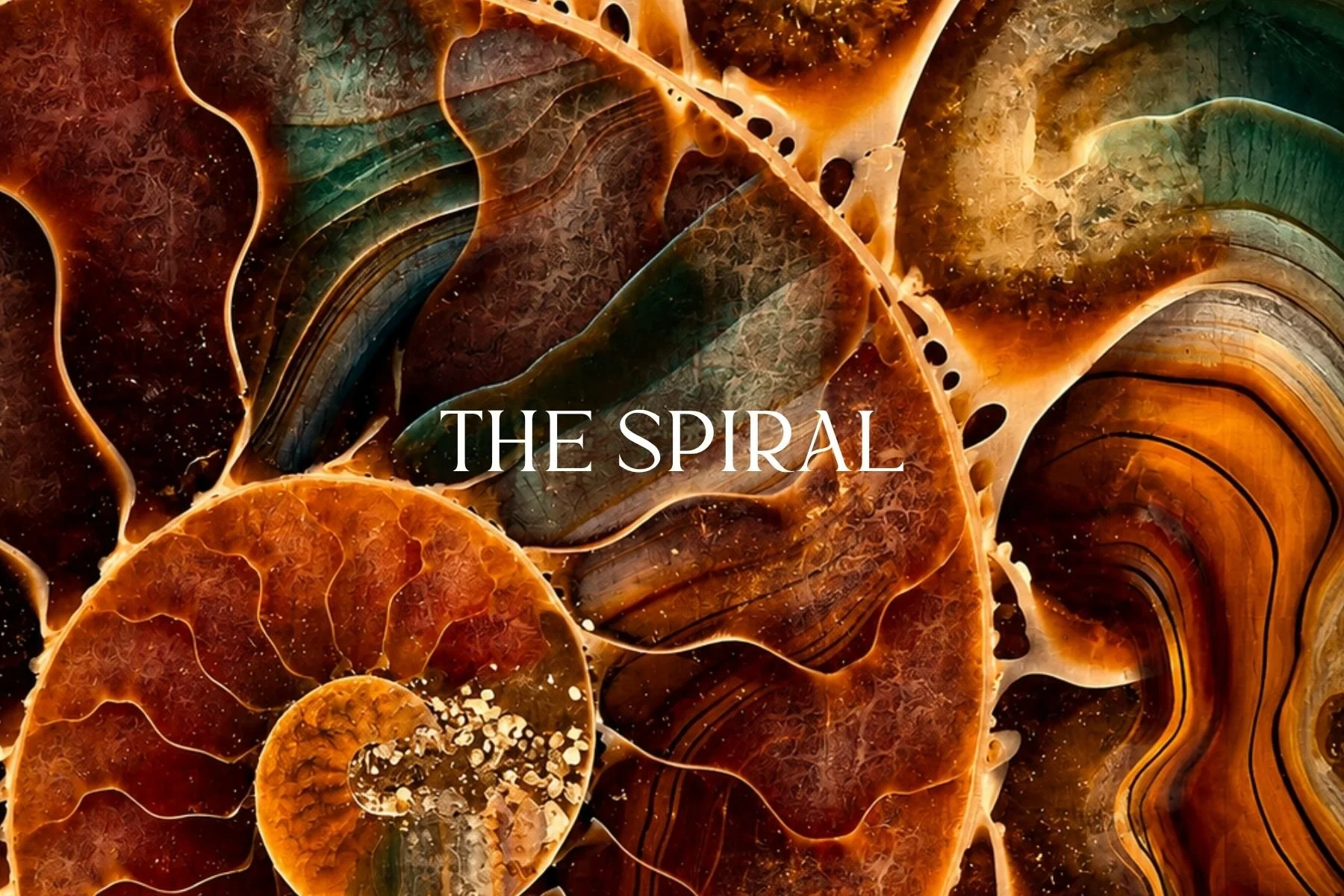 Abstract spiral-shaped layers in shades of orange, brown, and green with intricate textures and light accents, overlaid with the text 'THE SPIRAL' in white.