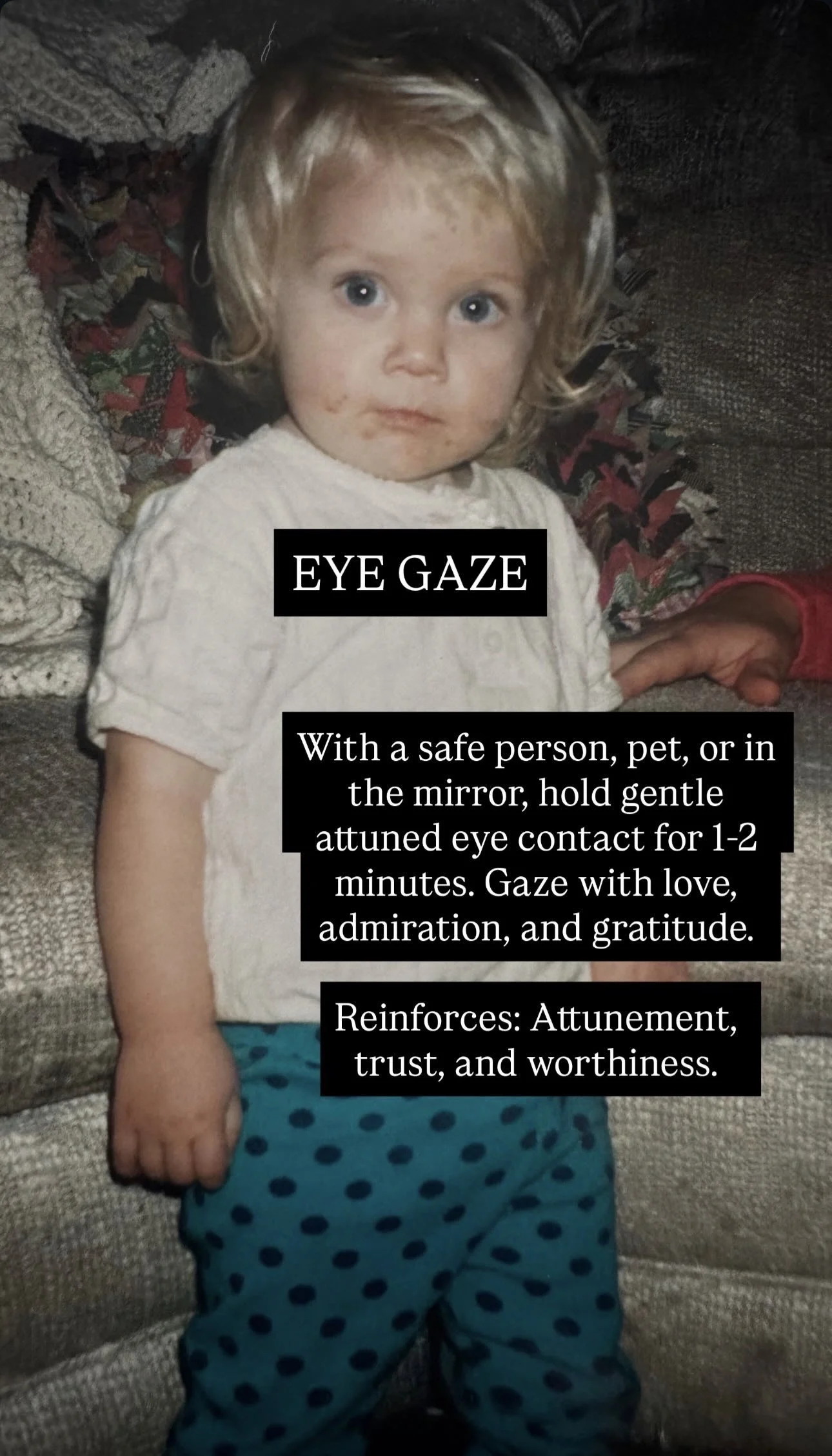 A young child with curly blonde hair and blue eyes, sitting on a couch with a blanket and pillows, looking directly at the camera. Overlaid text describes eye gazing as a practice to foster trust and gratitude.