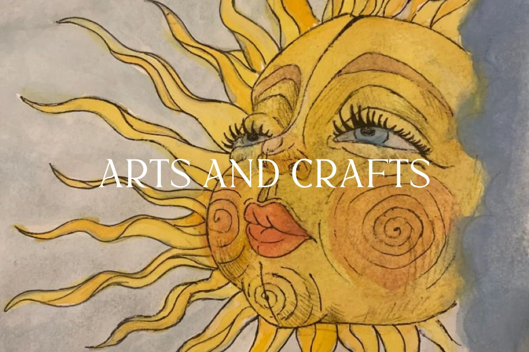 A colorful drawing of a sun with a human face, showing detailed eyes, nose, lips, and swirling cheeks, with yellow, orange, and black hues.