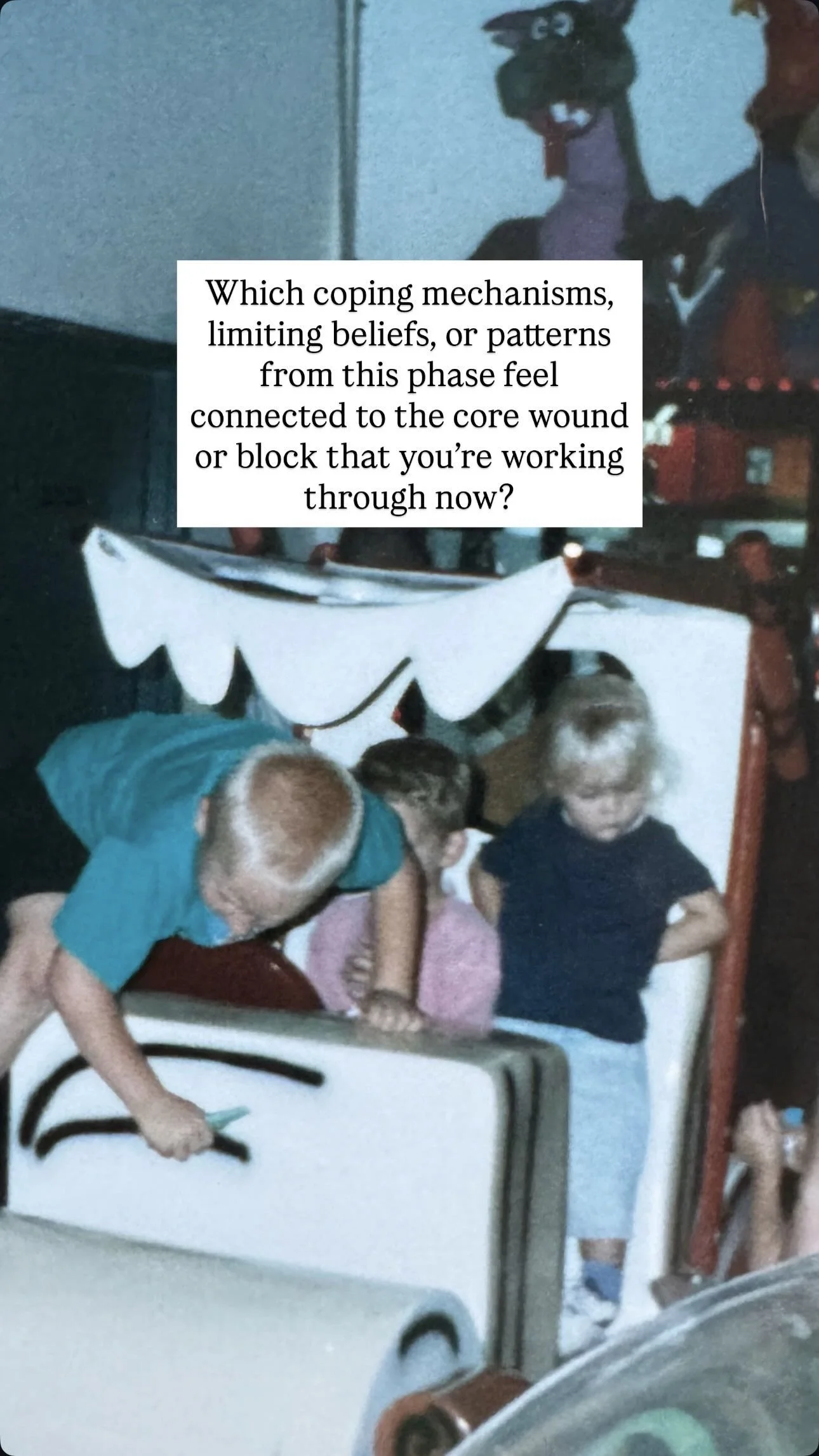 Children playing on a hospital bed inside a room, with a piece of paper featuring a question about coping mechanisms and the core wound, and a wall with a partial window.