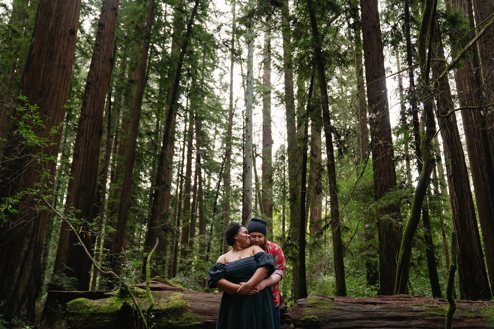 A couple hugging and kissing in a forest, surrounded by tall trees and moss-covered logs.