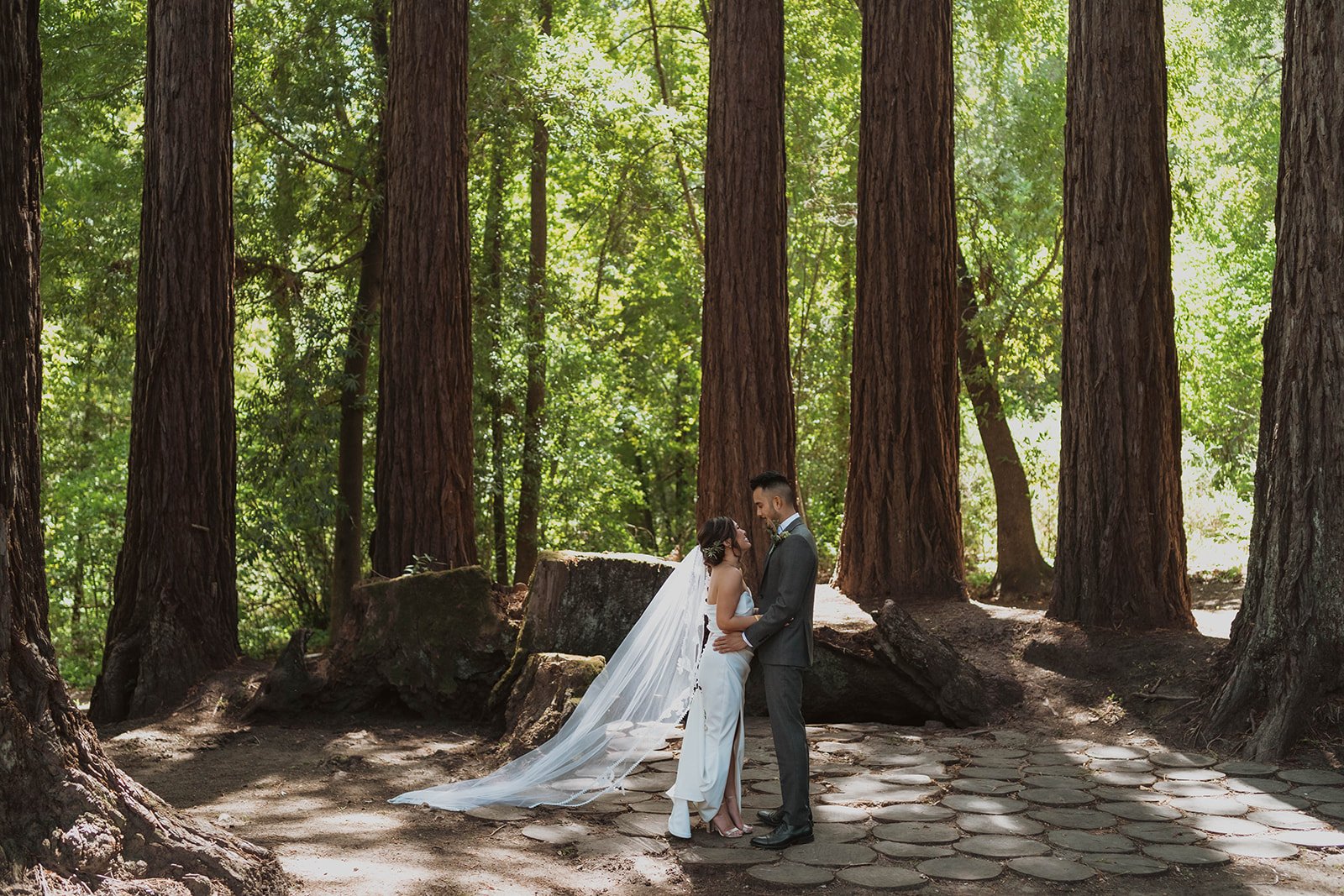 A bride and groom standing close together in a forest, surrounded by tall trees and dappled sunlight.