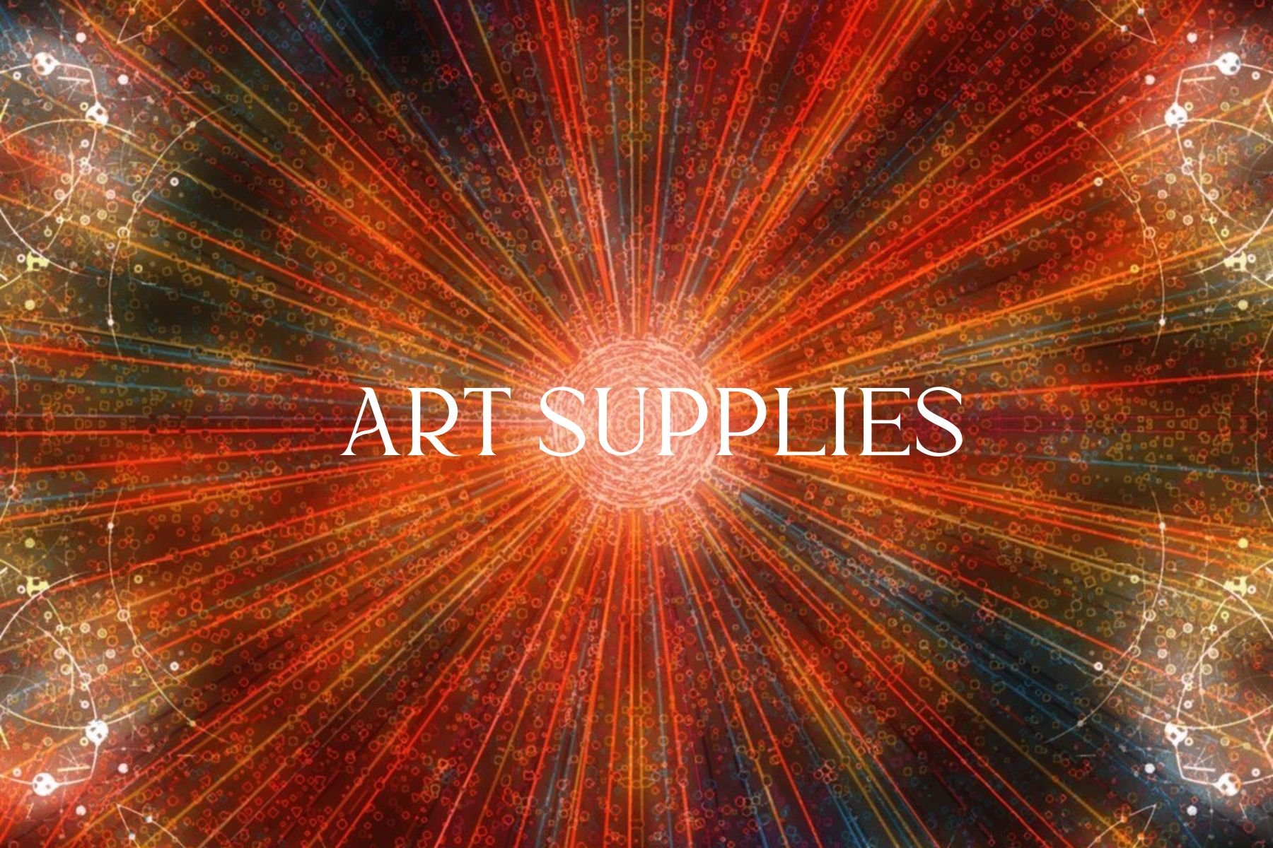 Digital abstract art with orange and red lines radiating from a central bright point, overlaid with white circular orbit-like patterns, with the text 'ART SUPPLIES' in the center.