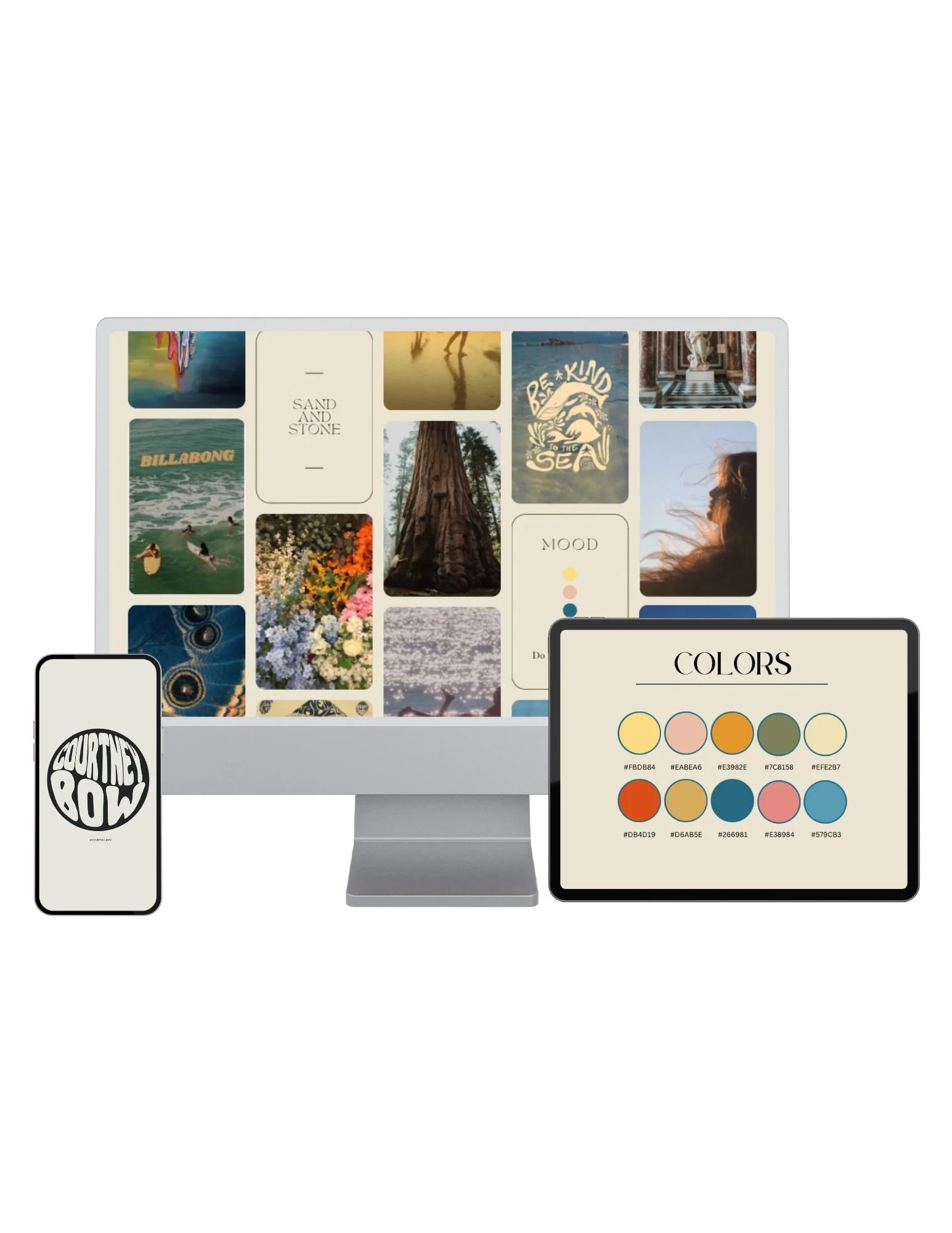 Computer monitor, tablet, and smartphone displaying mood board, color palette, and collage of images related to outdoor activities, nature, and travel.