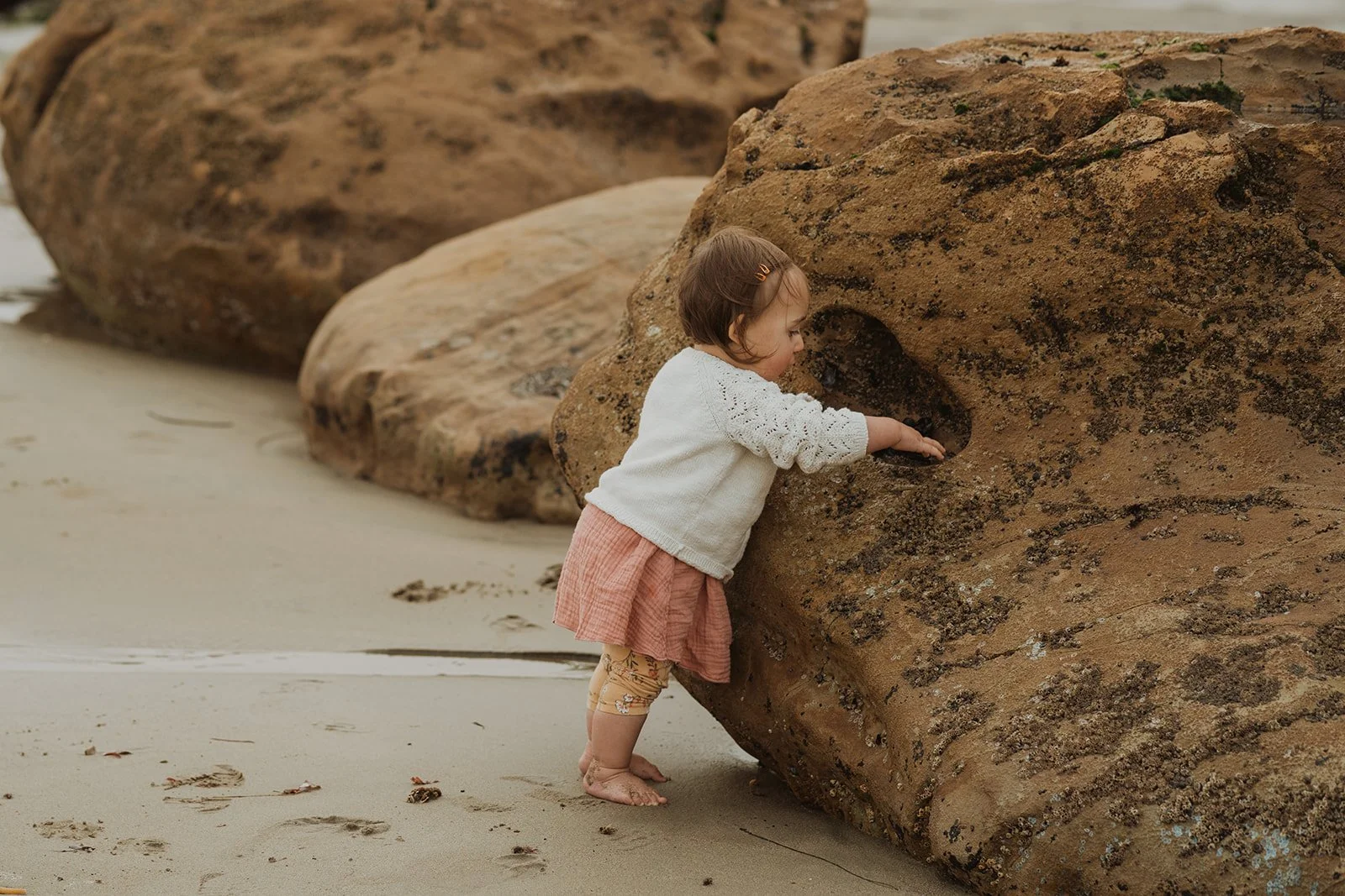 little girl exploring the beach during family photos