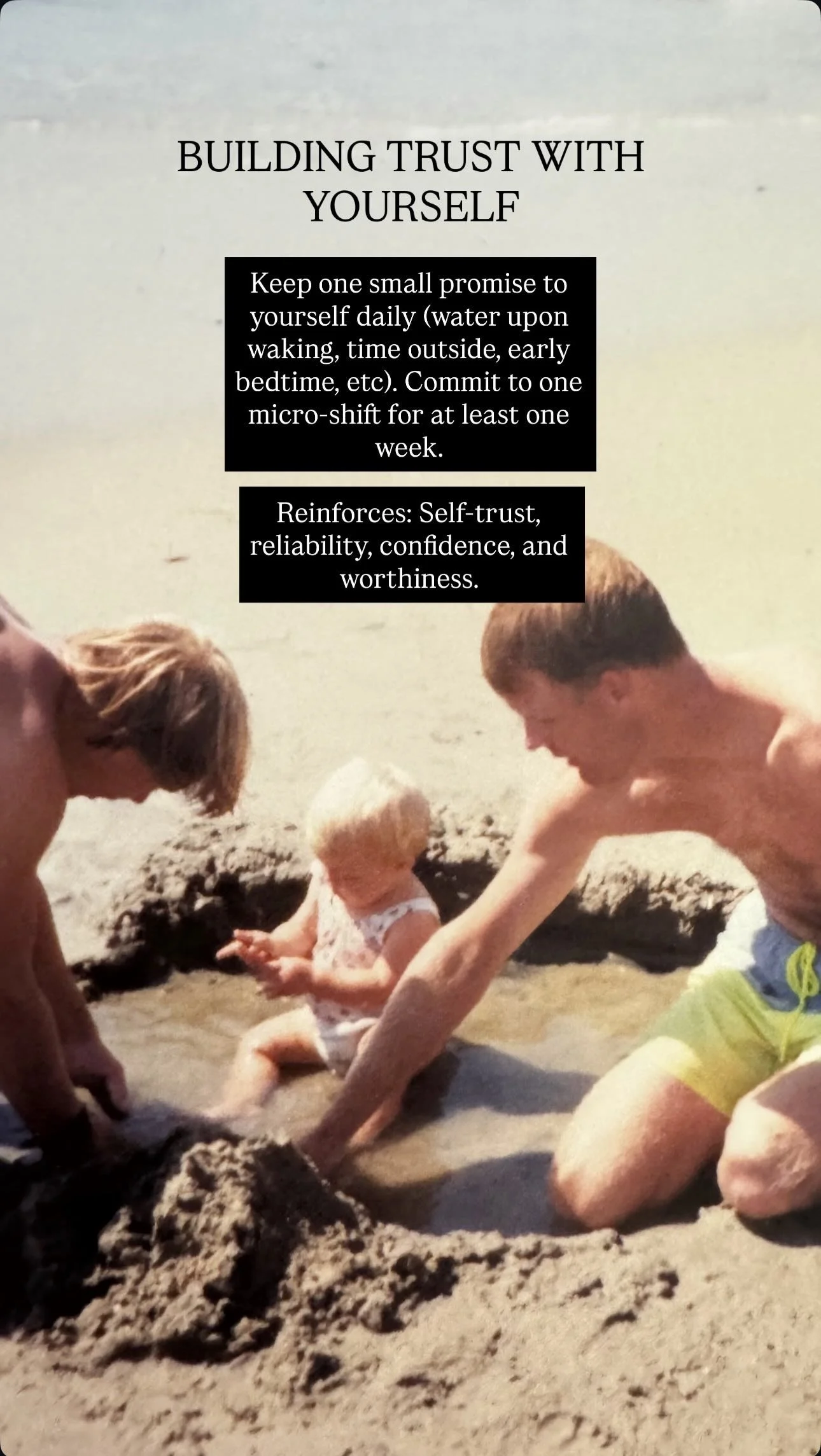 A family of three at the beach: a woman, a man, and a young girl sitting in the sand near the water, all enjoying a sunny day.