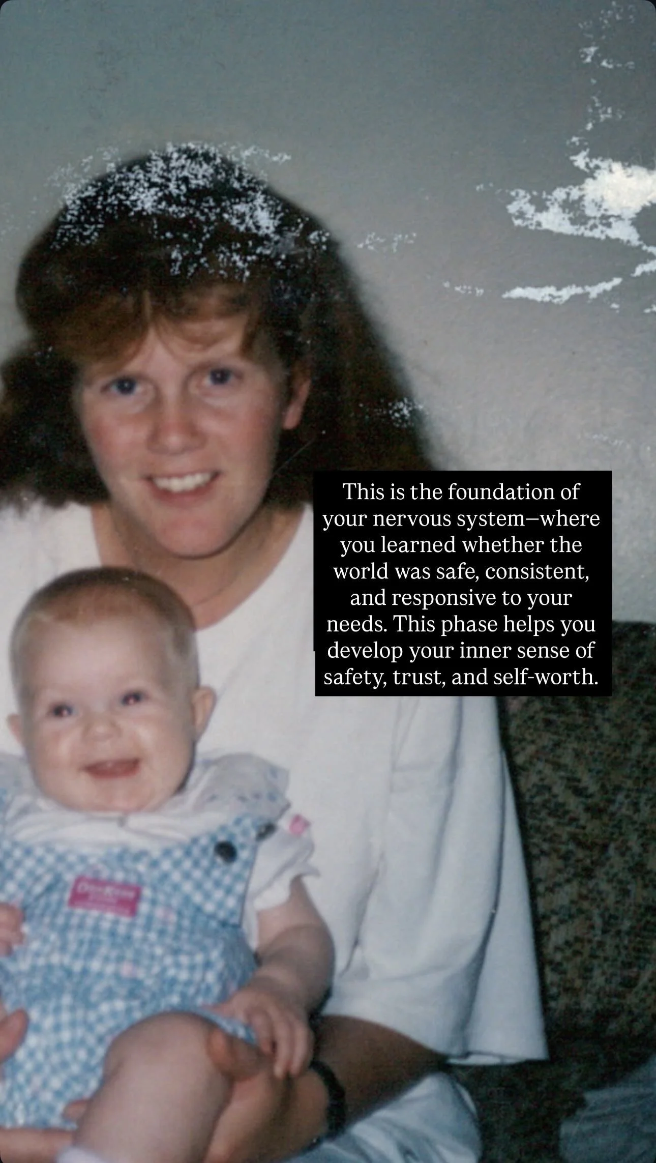 A woman holding a baby, with a black text box explaining the nervous system foundation overlaid on the image.