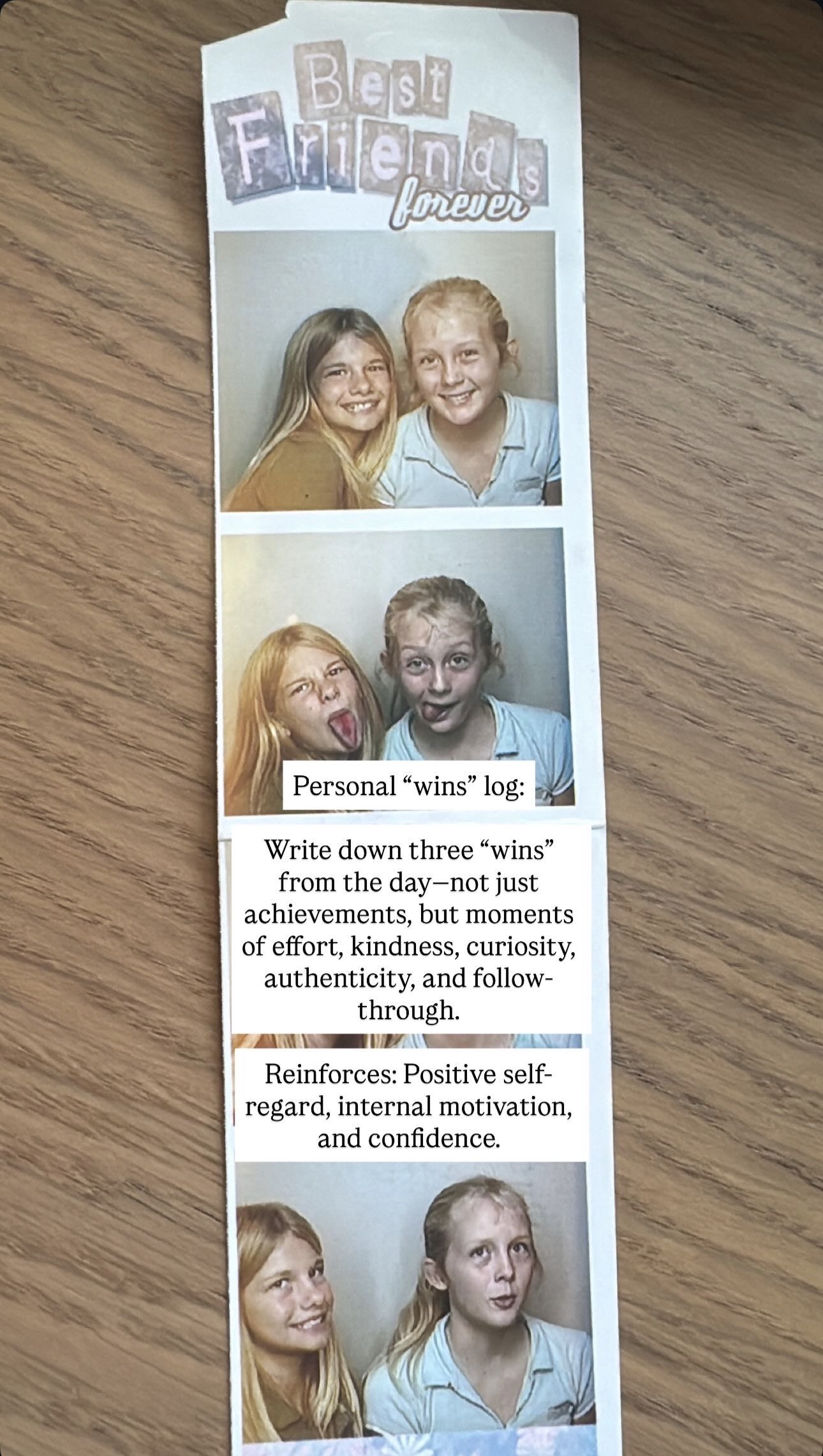A photo strip with three pictures of two young girls showing different expressions, accompanied by inspirational text about celebrating wins, effort, kindness, and confidence.