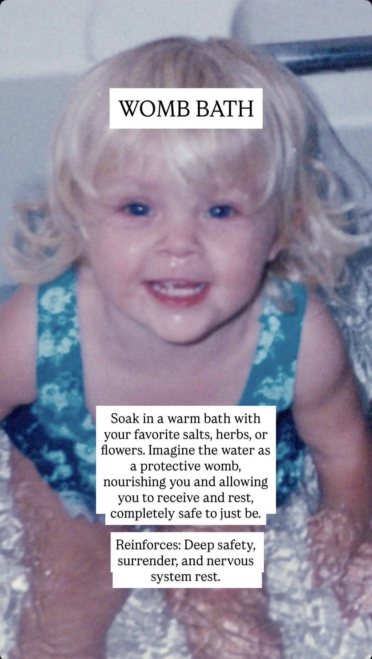 A young girl with blonde hair in a swimsuit sitting in a tub of water, with text overlay promoting womb bath for relaxation and safety.