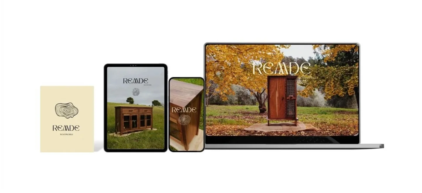 A series of digital devices including a small booklet, a tablet, a smartphone, and a laptop, all displaying images of wooden furniture with the logo 'REMODE' in different outdoor settings.