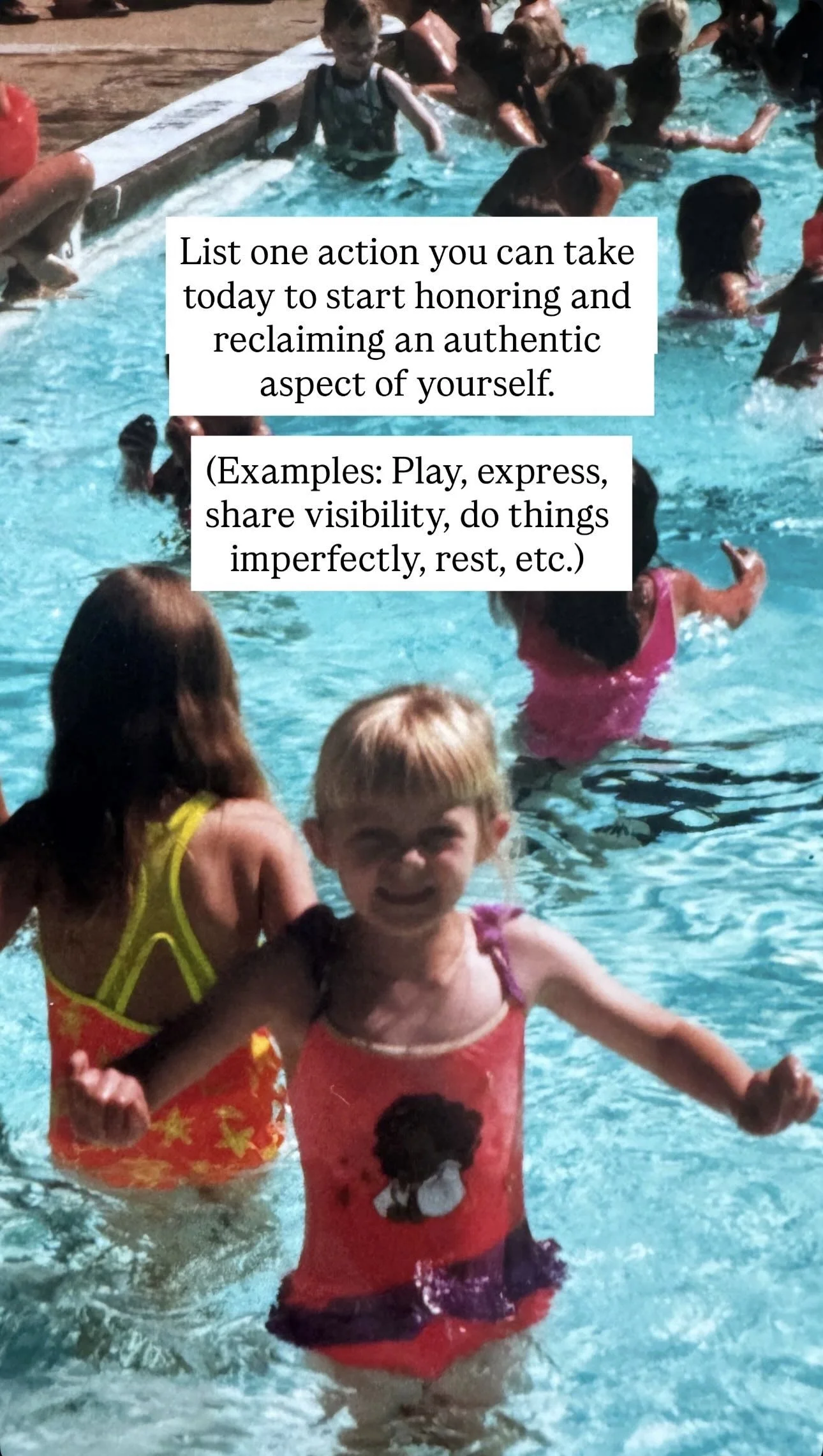 Children in a swimming pool, some standing and some swimming, with a girl in the foreground smiling with arms outstretched, wearing a red swimsuit with a picture of a girl on it. There is a white text overlay with a message about honoring oneself.