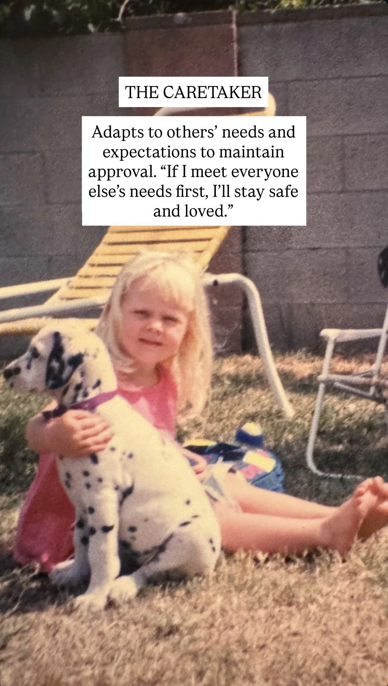 A young girl sitting on the grass with a Dalmatian puppy in her lap, with outdoor chairs and a brick wall in the background. There is a quote about being a caretaker overlayed on the image.