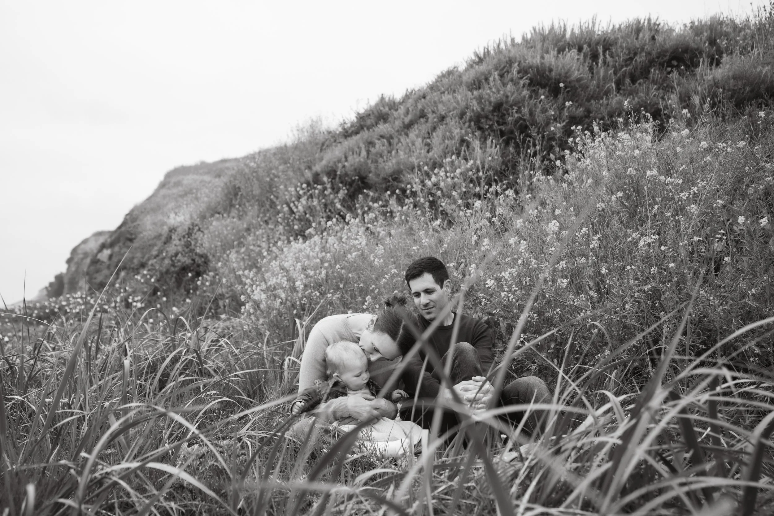 A family with a woman, man, and a baby sitting together in a grassy field with flowering bushes and hillside in the background.