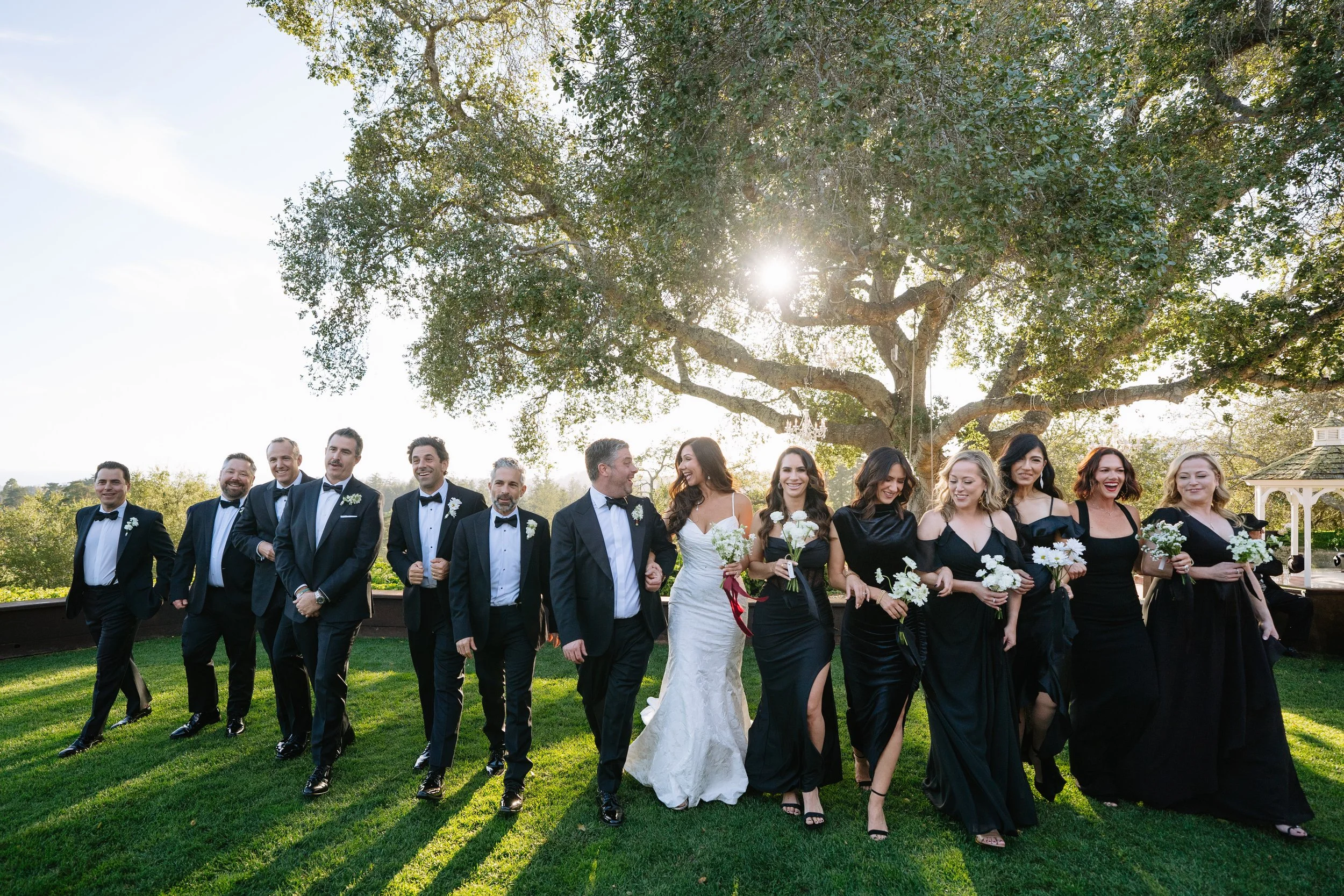 A group of people in formal attire walking outdoors on a grassy area, with sunlight filtering through a large tree in the background, during a wedding celebration.