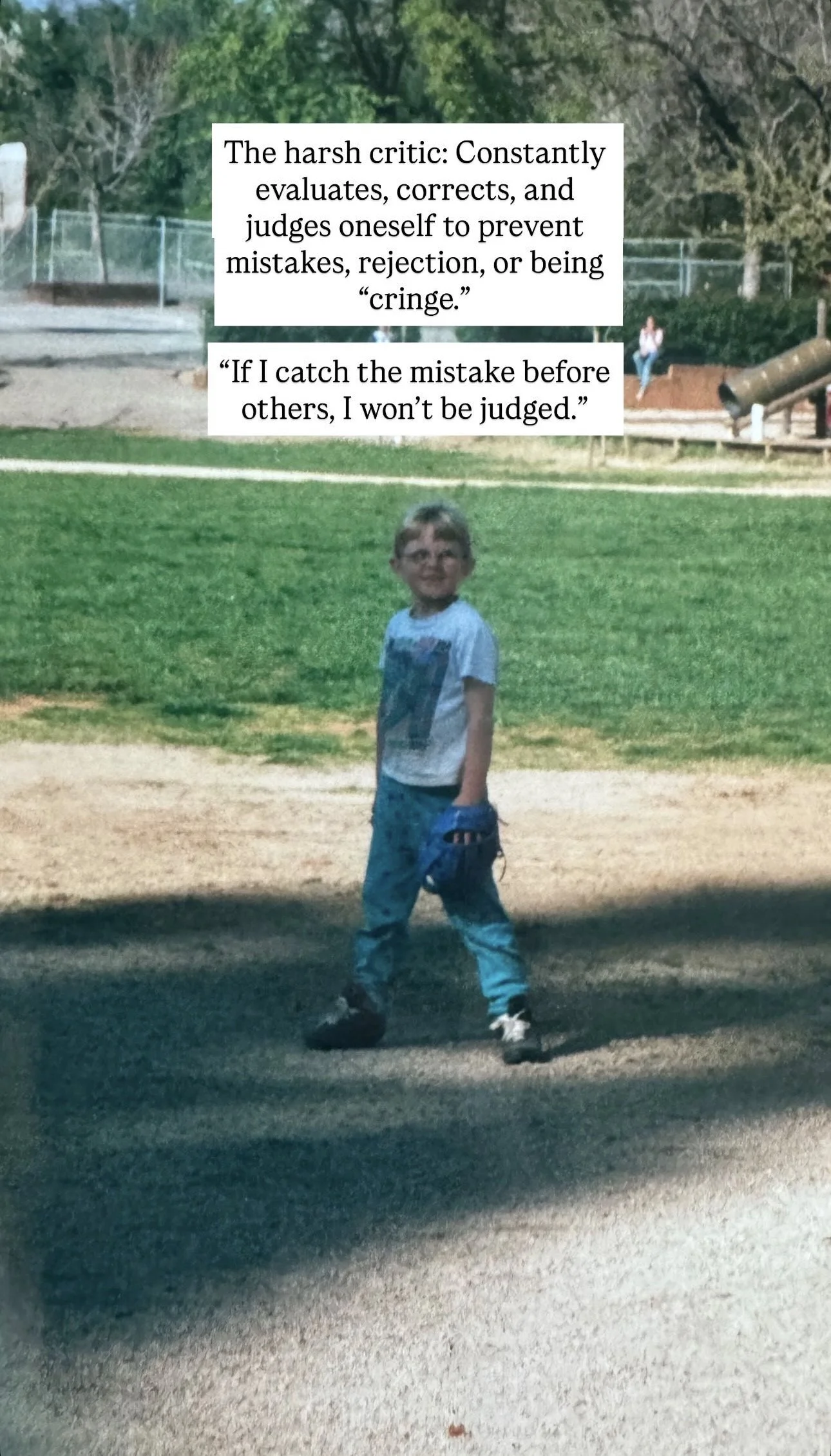 A young boy standing on a path at a park, holding a baseball glove, with a playground in the background. Overlaid on the image are two texts about criticism and self-evaluation.