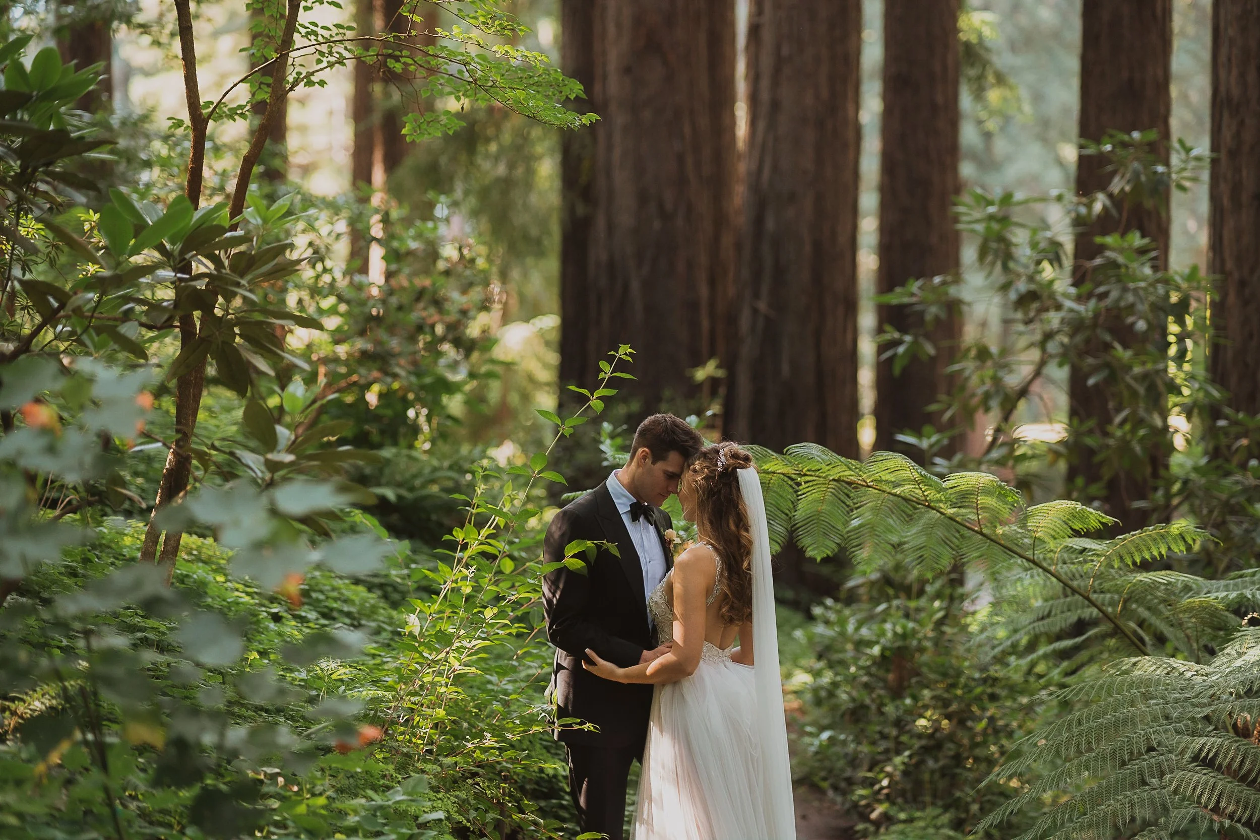 A bride and groom standing close together in a lush, green forest, with trees and foliage surrounding them, sharing an intimate moment.