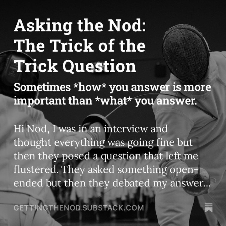 I wrote a little something about trick questions in interviews. On the one hand they might just be a bad question, but on the other the trick might be more about than the question itself. #linkinbio⁠
⁠
If you need help breaking down other questions, 