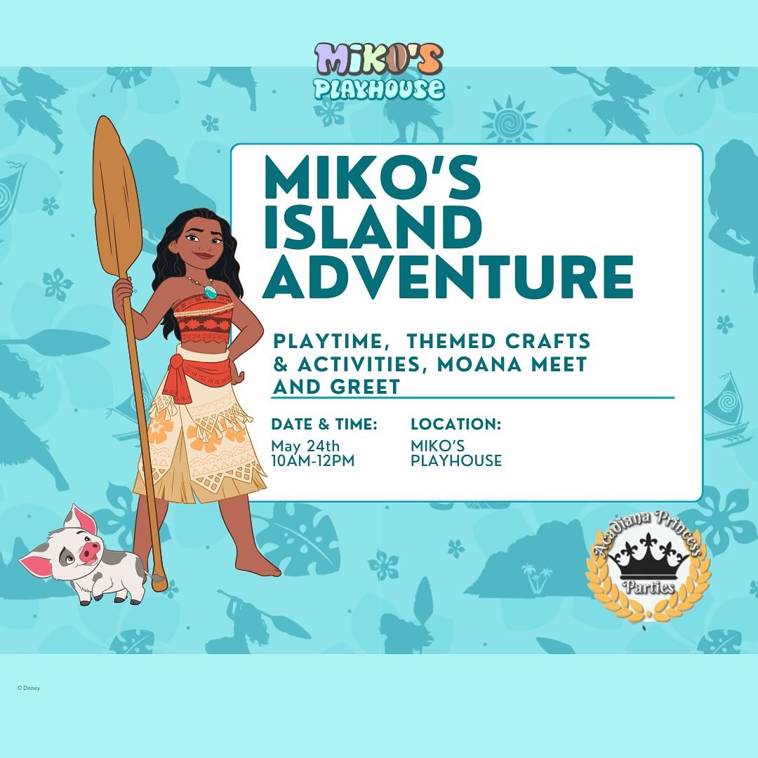 🌺 Join us for a magical island adventure at Miko&rsquo;s Playhouse! 🌊
Set sail with Moana on a journey filled with tropical fun, ocean-inspired crafts, hula dancing, and a special treasure hunt for the Heart of Te Fiti! Dress in your island best an