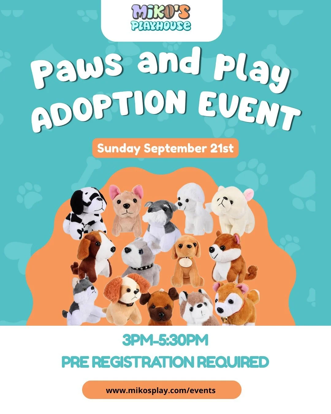 Join us for a tail wagging good time! 🐶
At our Paws and Play event kiddos can &ldquo;adopt&rdquo; their very own stuffed animal pet, enjoy fun crafts, and play with their pet in our brand new Vet playhouse!
www.mikosplay.com/events
