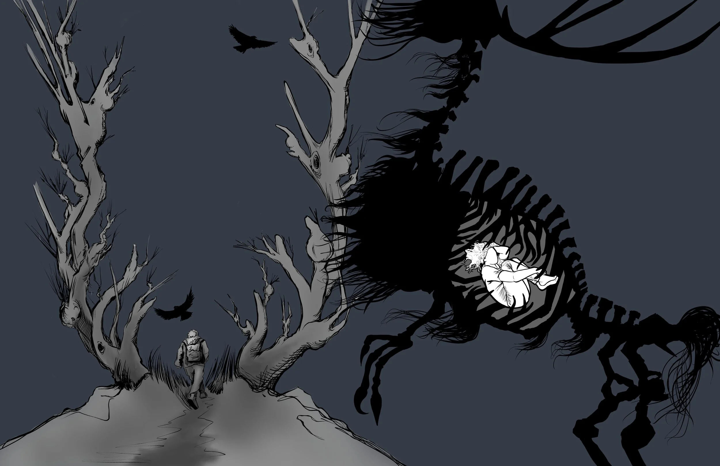 "The Bone Run"– Sample Blank Book Cover Illustration: 
Personal project-sample book cover design 2026. "The Bone Run": Presented without text, The Bone Run relies on composition and tone to convey its narrative. A narrow trail cuts through a quiet fo