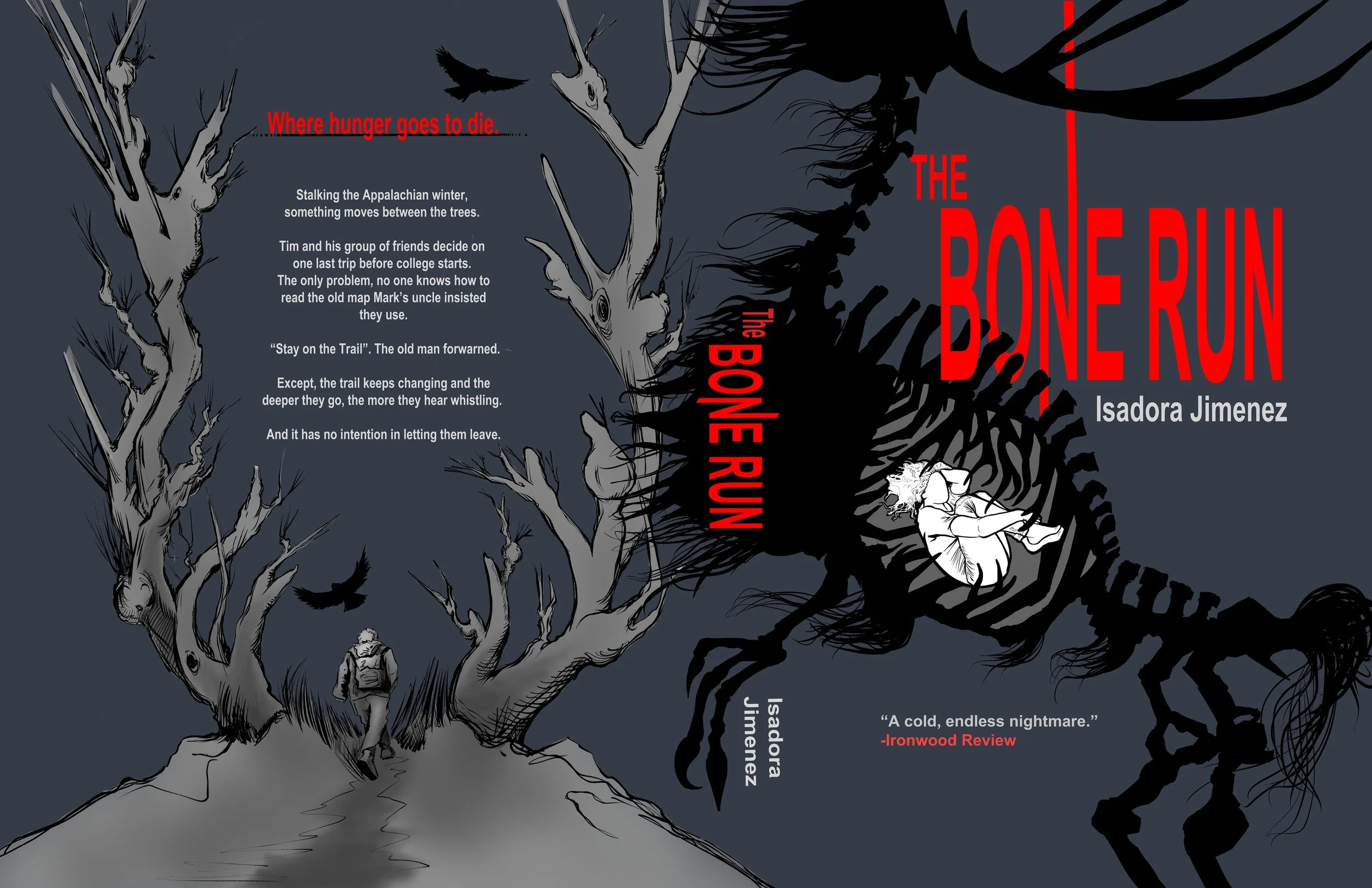 Black and white forest path with bones, atmospheric horror illustration. wendigo