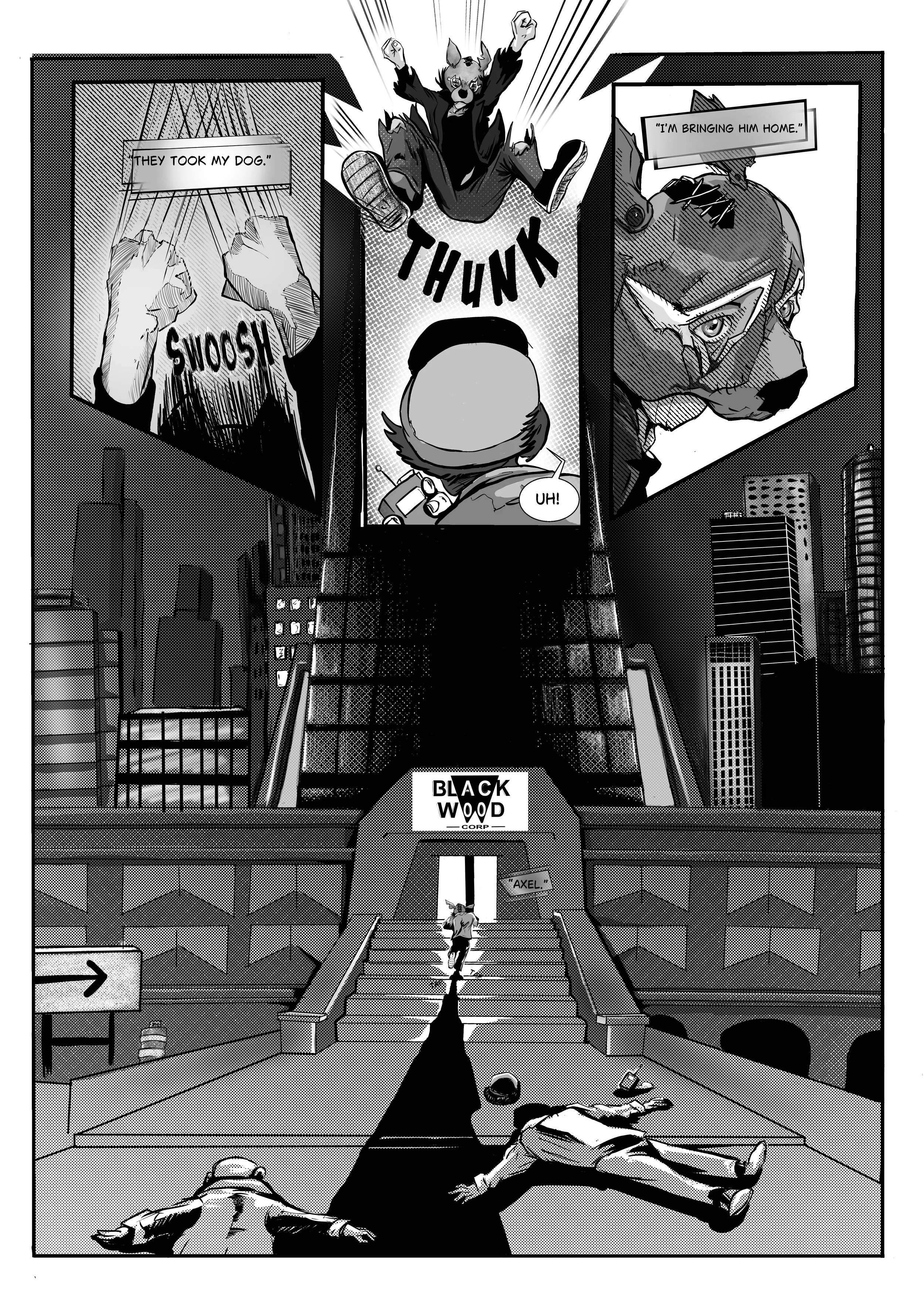 The Stray:" Good Boy"- Issue 0, Page 2- Inked and lettered page, done in Clip Studio Paint. Creator, writer, illustrator and letterer: Isadora Jimenez.