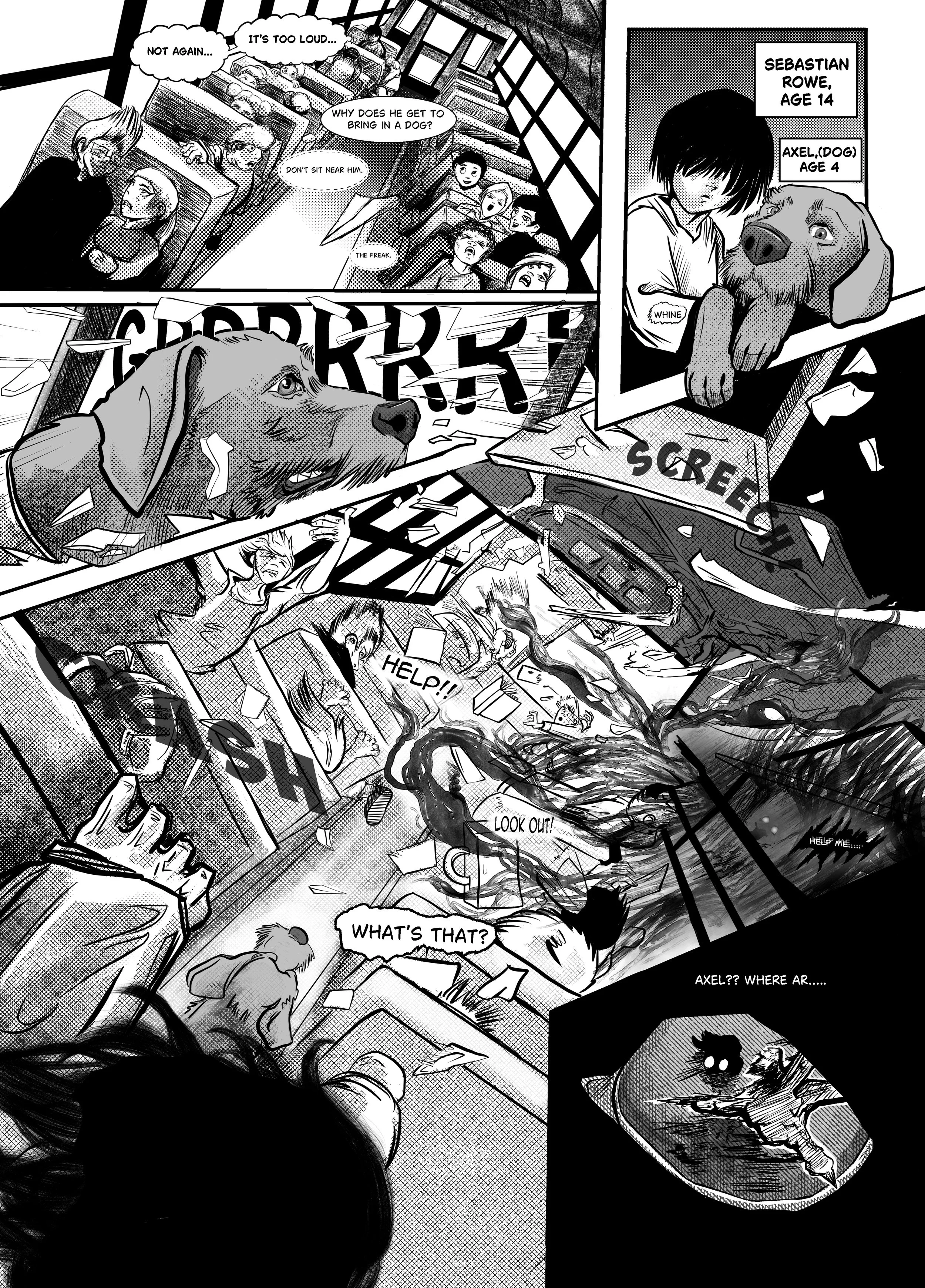 The Stray:" Good Boy"- Issue 0, Page 1- Inked and lettered page, done in Clip Studio Paint. Creator, writer, illustrator and letterer: Isadora Jimenez.
