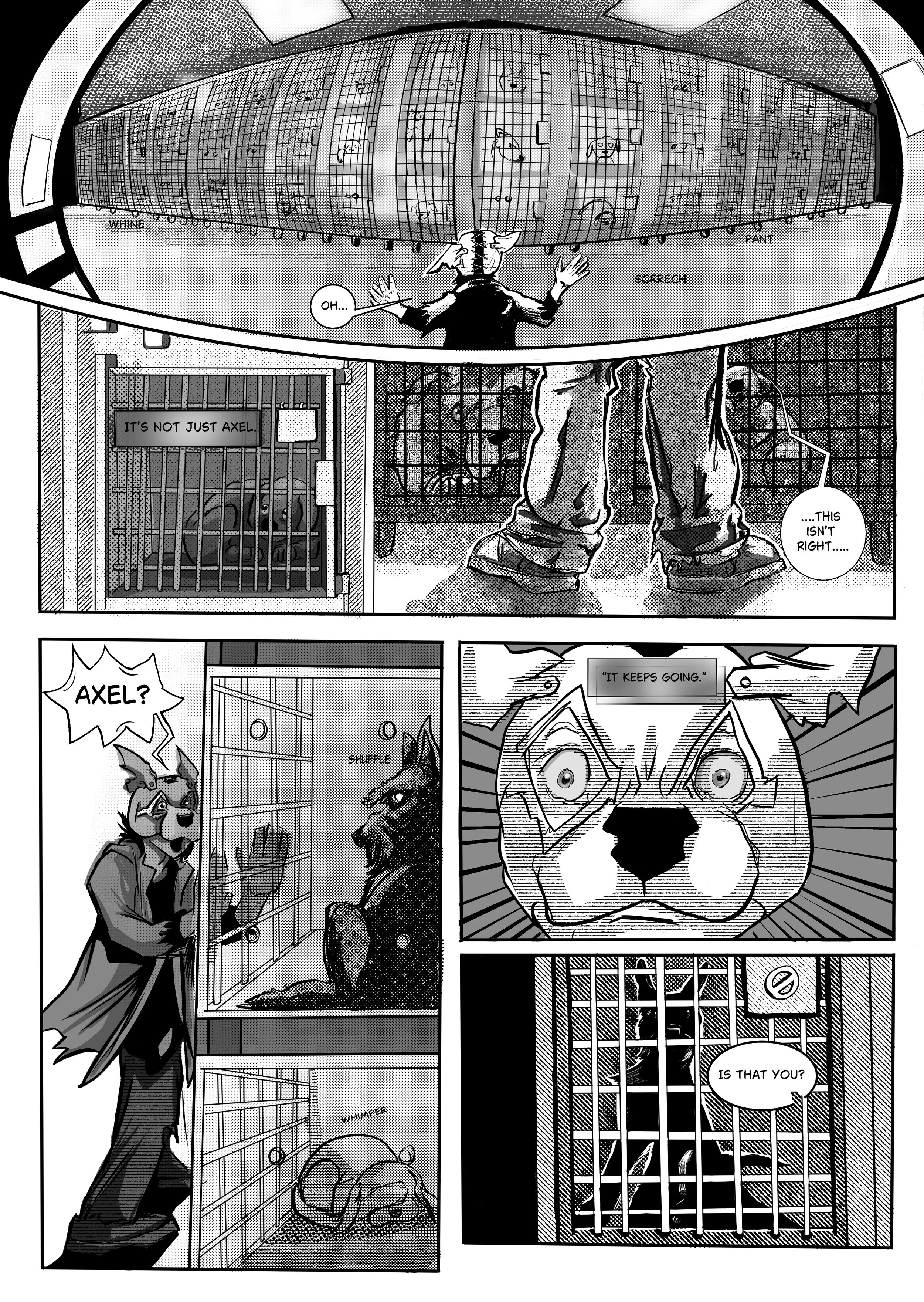 The Stray:" Good Boy"- Issue 0, Page 5- Inked and lettered page, done in Clip Studio Paint. Creator, writer, illustrator and letterer: Isadora Jimenez.