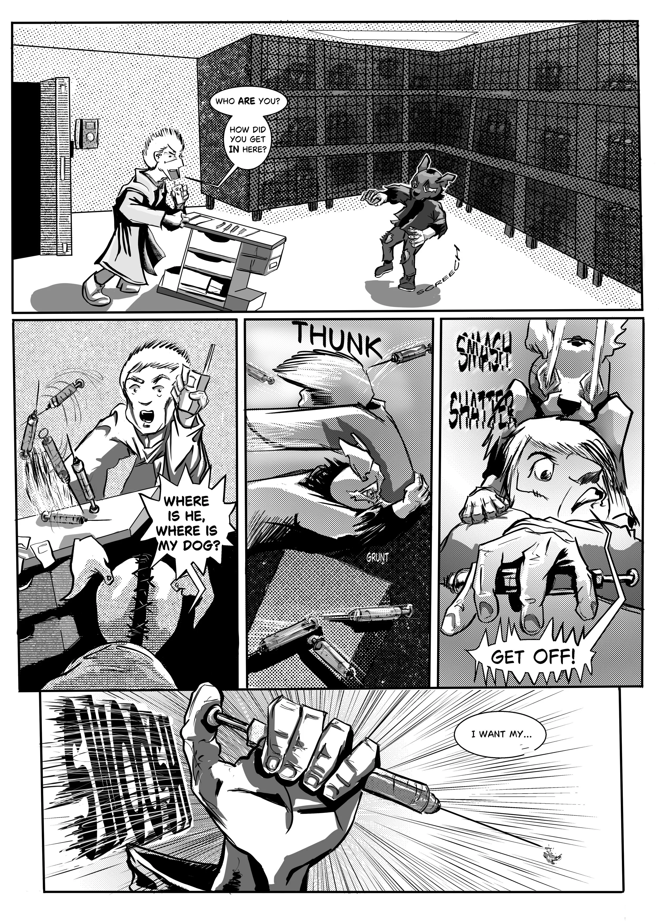 The Stray:" Good Boy"- Issue 0, Page 7- Inked and lettered page, done in Clip Studio Paint. Creator, writer, illustrator and letterer: Isadora Jimenez.